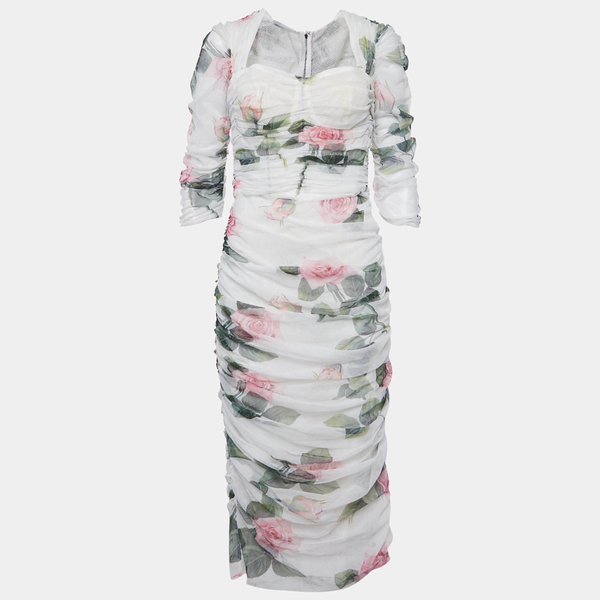 

Dolce & Gabbana White Floral Print Tulle Ruched Midi Dress L