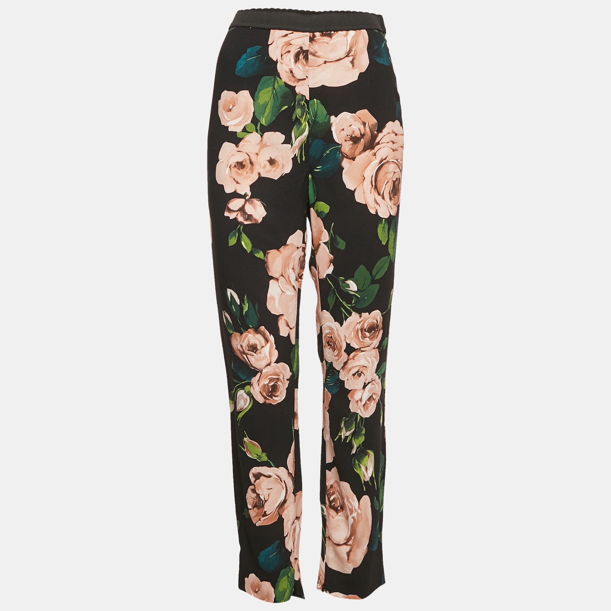 

Dolce & Gabbana Black Rose Print Crepe Trousers S