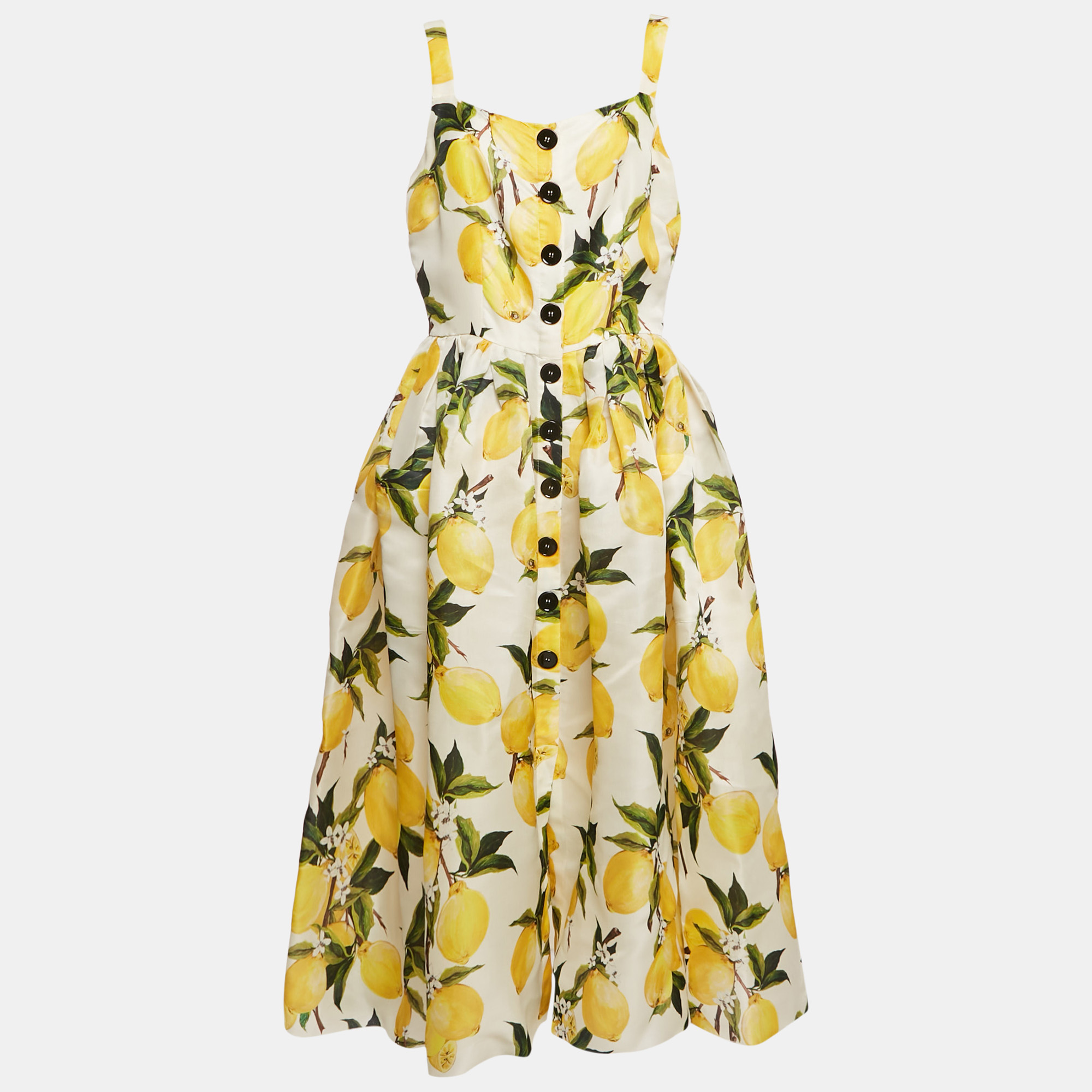 

Dolce & Gabbana Yellow Lemon Print Silk Flared Midi Dress L