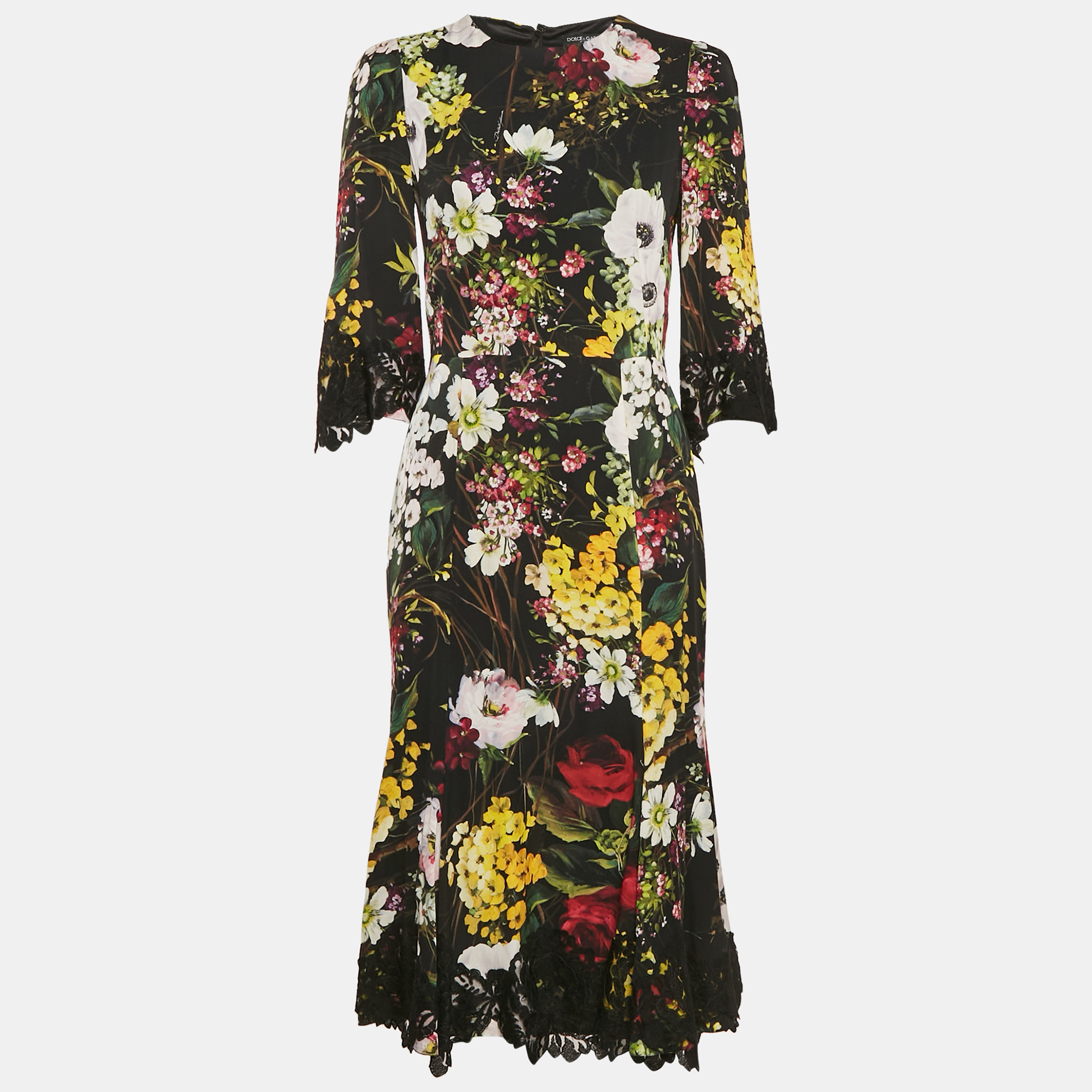 

Dolce & Gabbana Black Floral Print Silk Lace Trim Midi Dress M