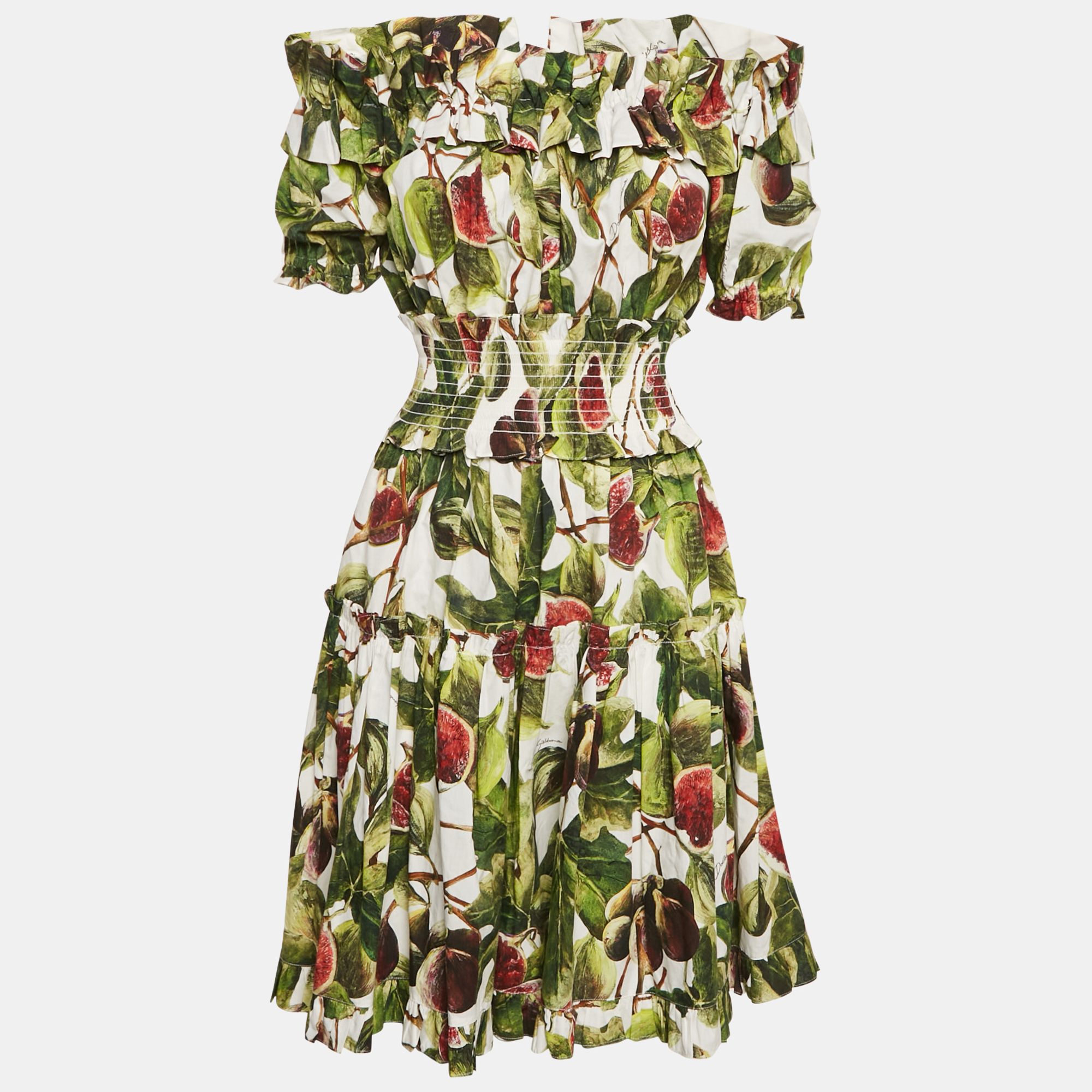 

Dolce & Gabbana Green Fig Print Poplin Shirring Detail Mini Dress XS