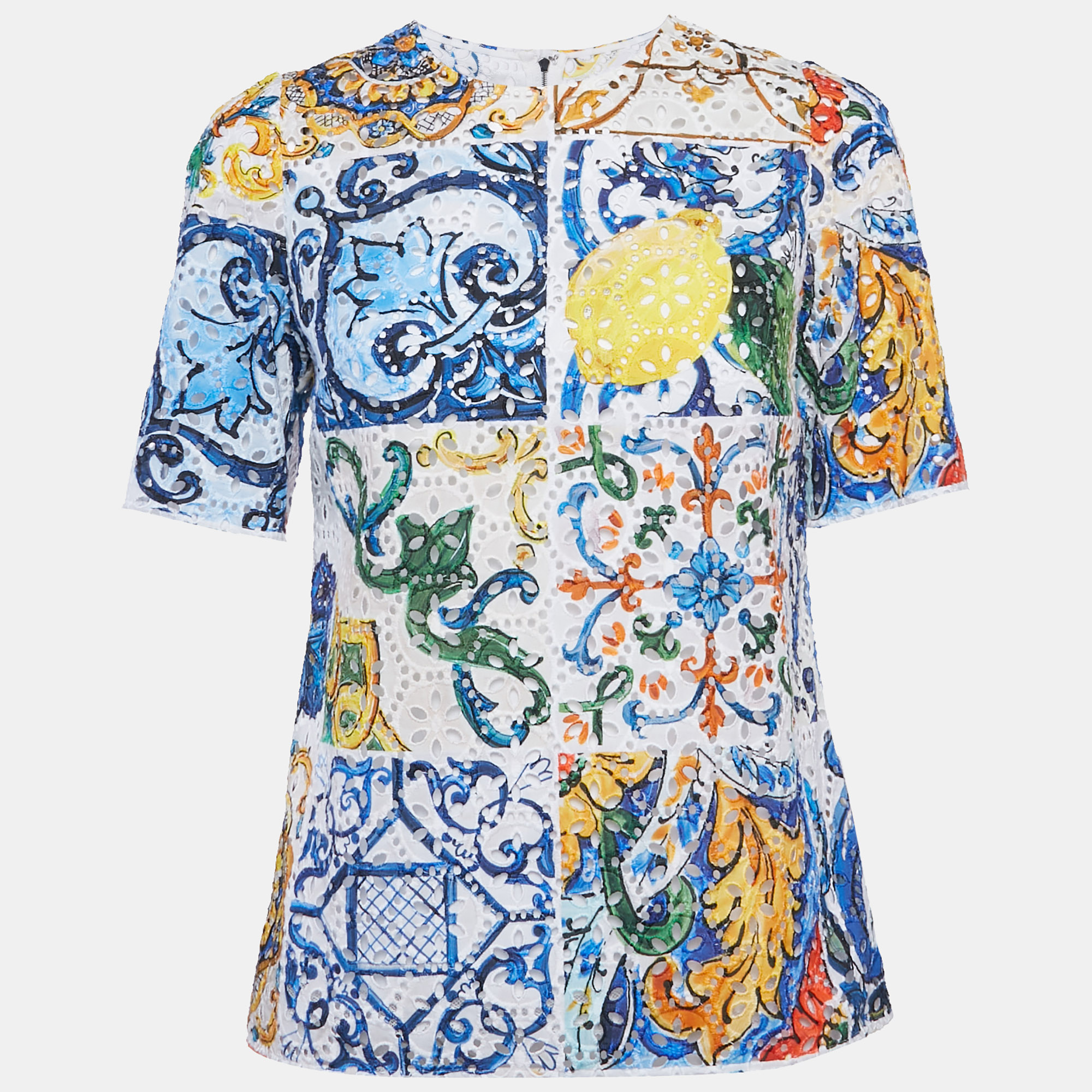 

Dolce & Gabbana White Majolica Patchwork Print Lace Top S