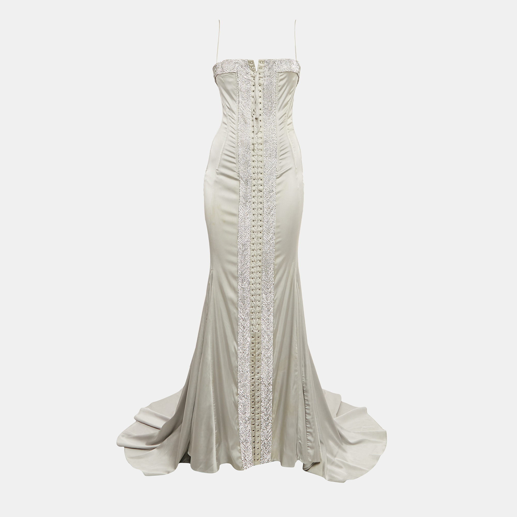 Pre-owned Dolce & Gabbana Grey Crystal Embellished Satin Silk Corset Gown M