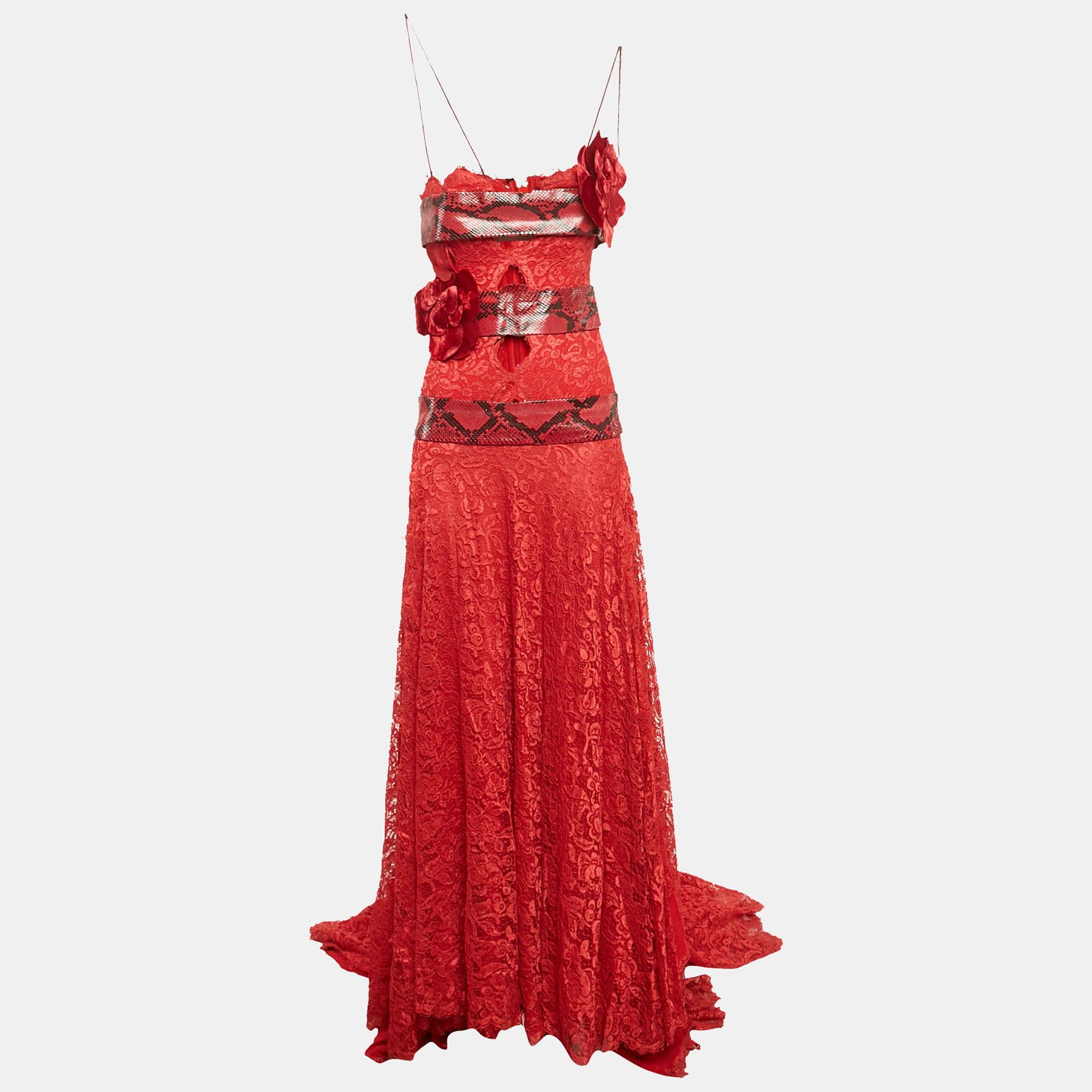 

Dolce & Gabbana Red Snakeskin Leather Trim Lace Slit Detail Gown S