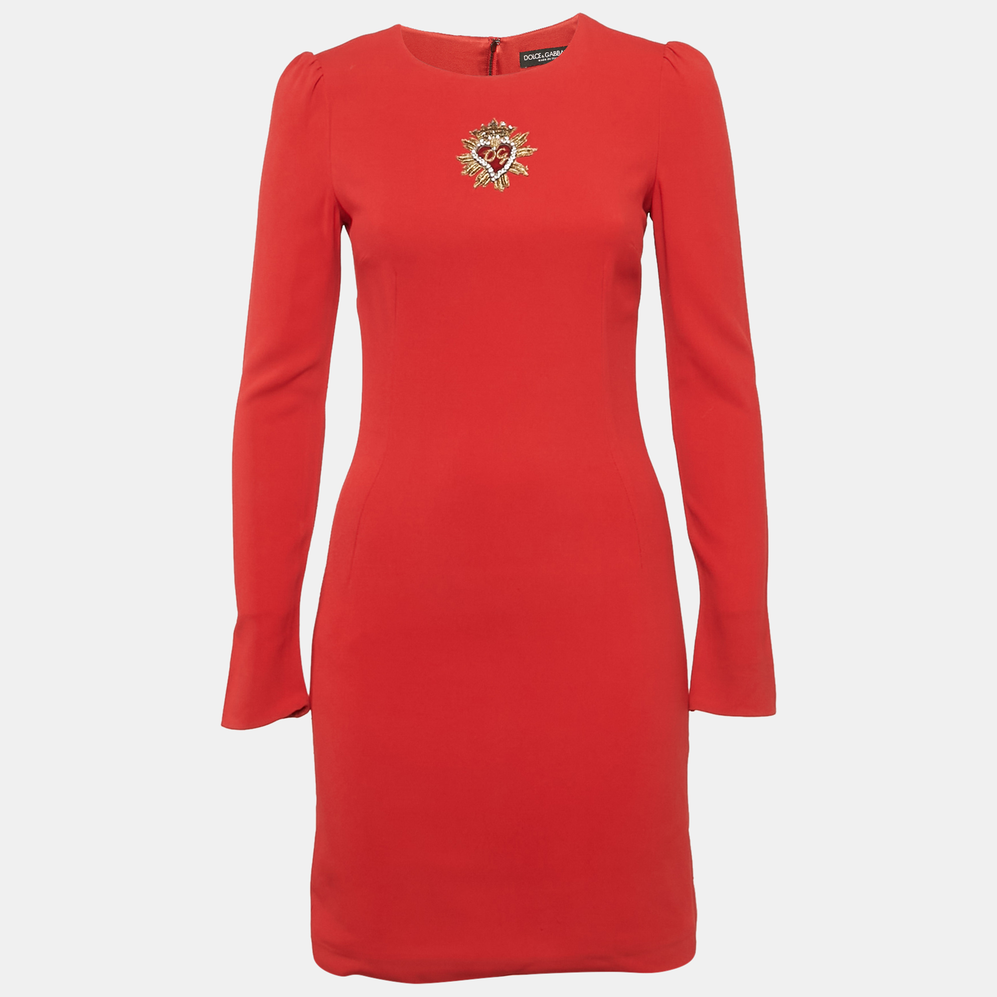 

Dolce & Gabbana Red Crepe Logo Embellished Long Sleeve Mini Dress S