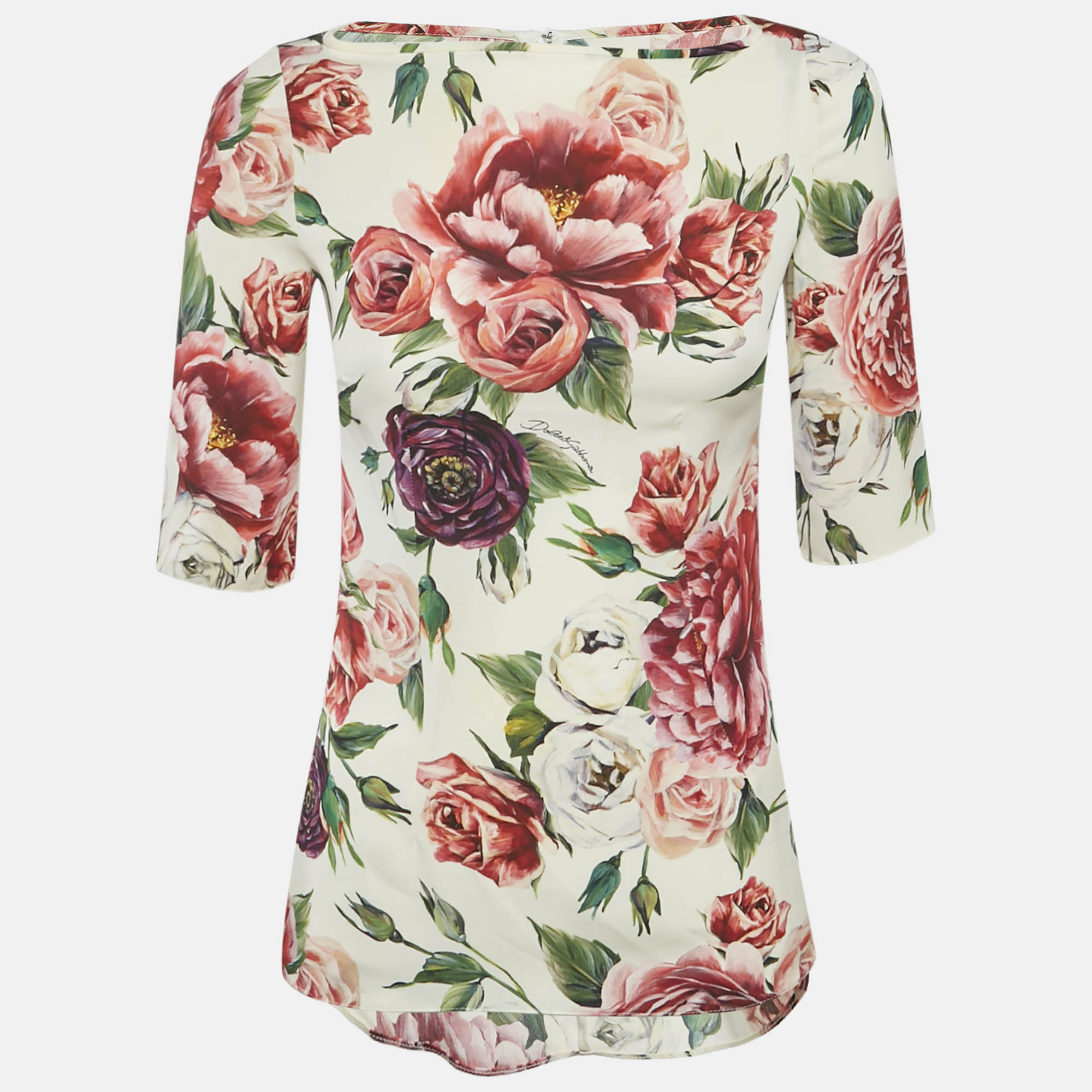 

Dolce & Gabbana White Floral Printed Silk Satin Top S, Cream