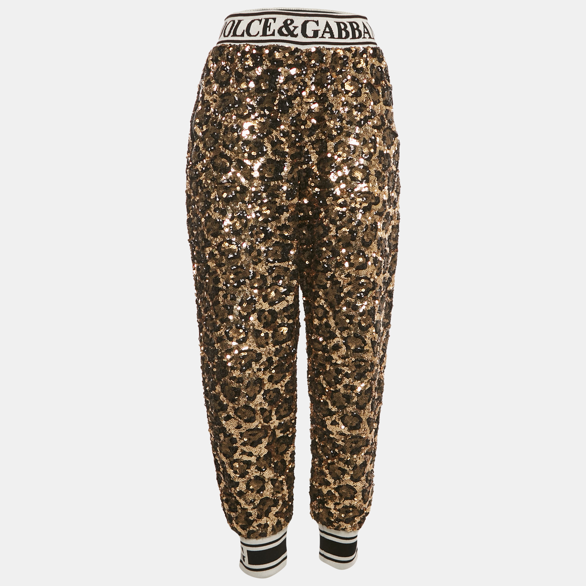 

Dolce & Gabbana Gold/Black Sequin Logo Waistband Jogger Pants M