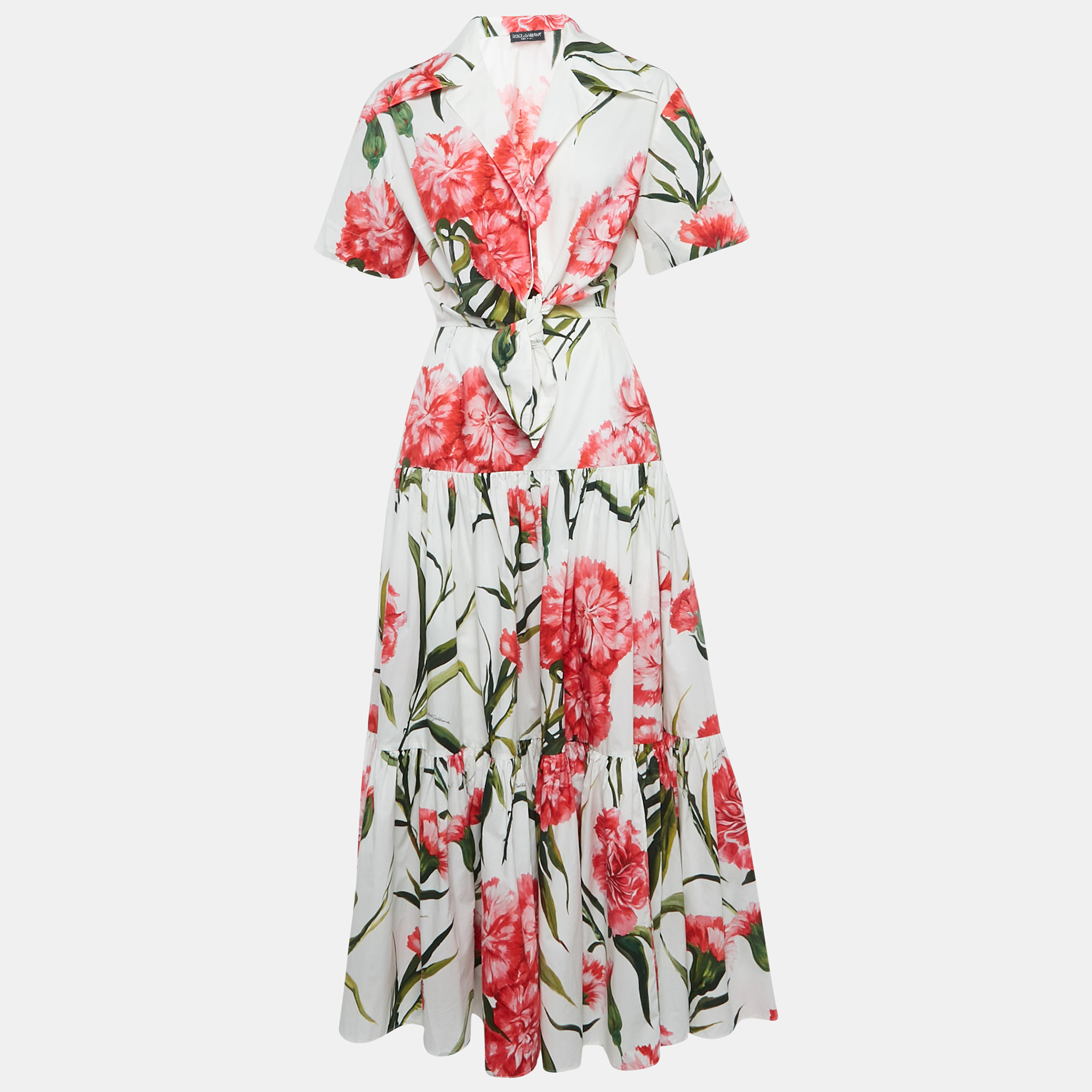 Dolce & Gabbana White Floral Printed Front Tie Cropped Shirt & Tiered Maxi Skirt M