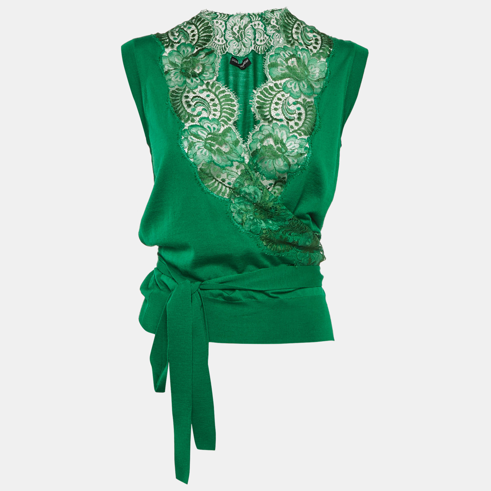 

Dolce & Gabbana Green Wool Knit Lace Trimmed Sleeveless Wrap Top M