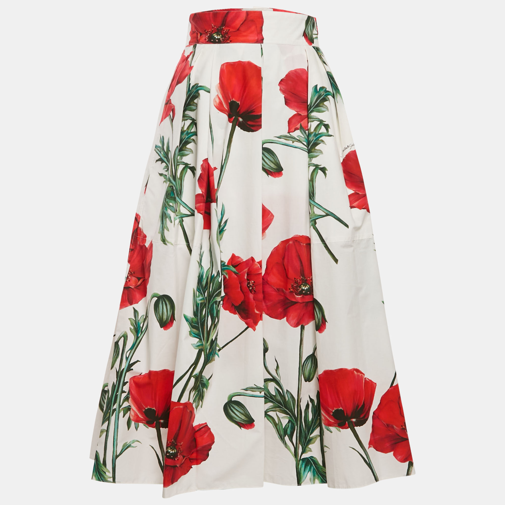 

Dolce & Gabbana White Poppy Print Poplin Midi Skirt M