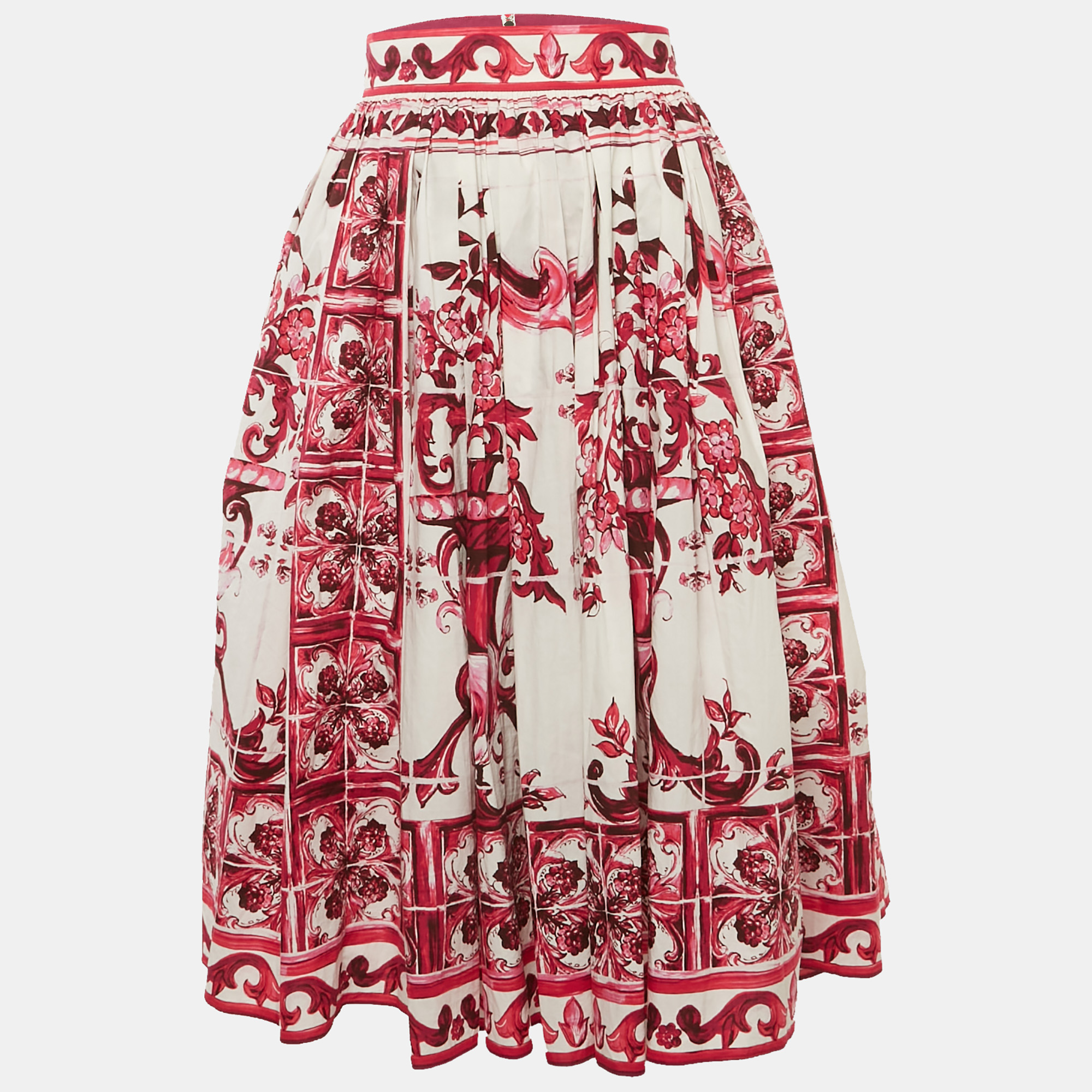 Pre-owned Dolce & Gabbana Pink Majolica Print Poplin Flared Midi Skirt M