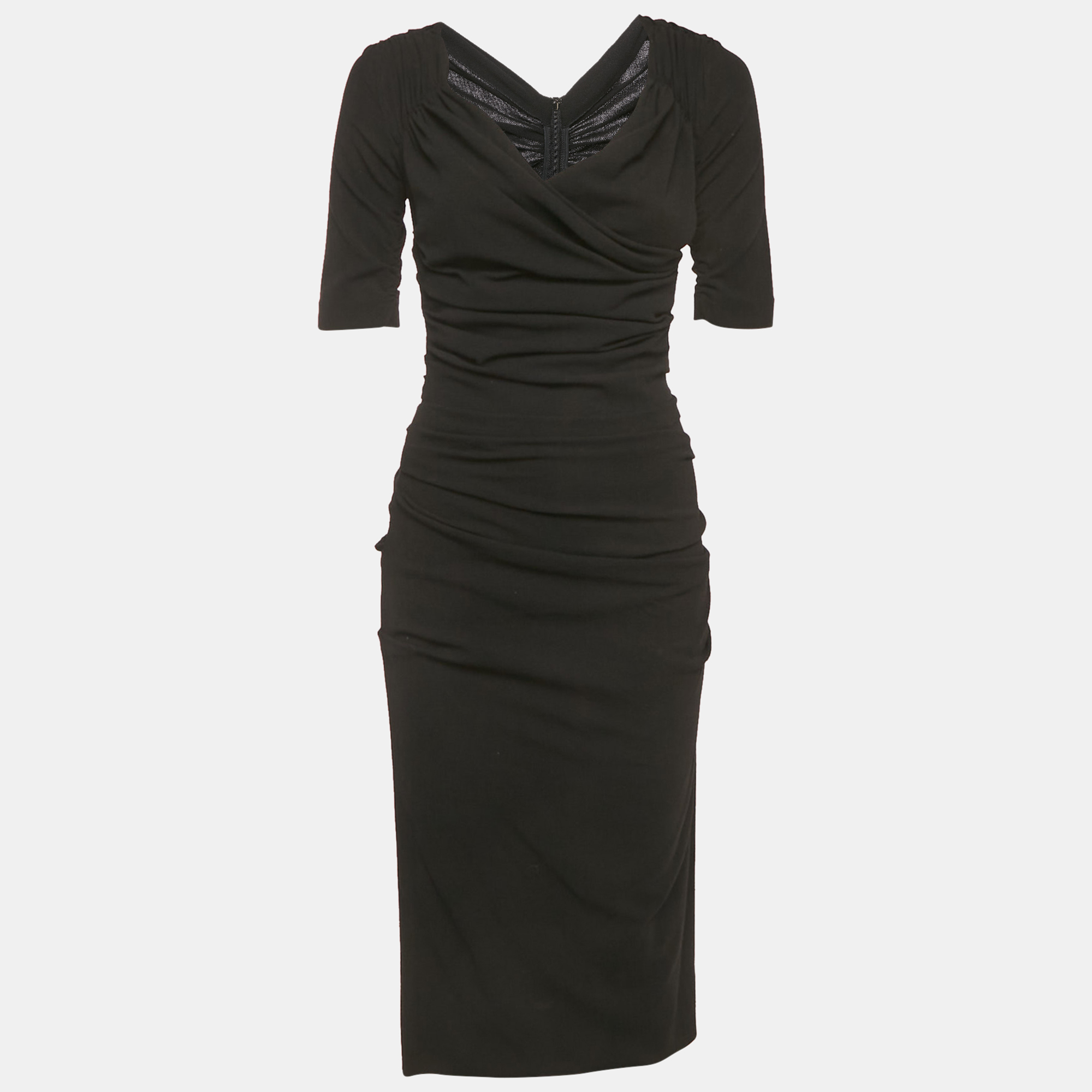 

Dolce & Gabbana Black Stretch Crepe Wool Ruche Midi Dress S