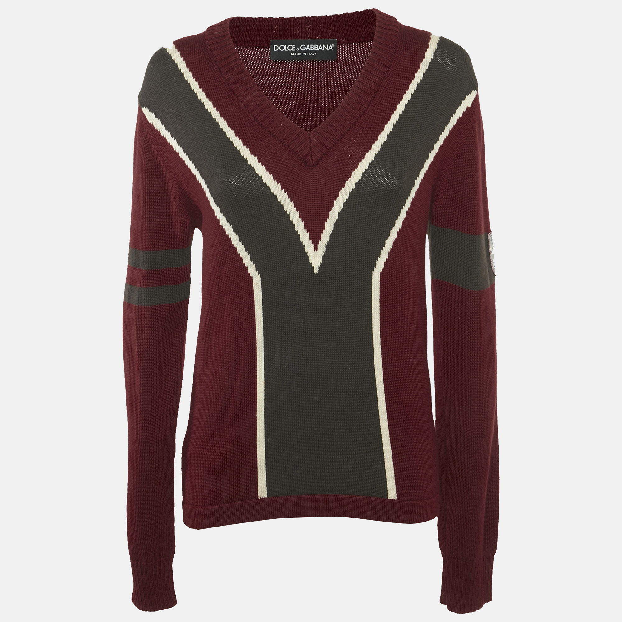 

Dolce & Gabbana Red Intarsia Wool Knit V-Neck Sweater L
