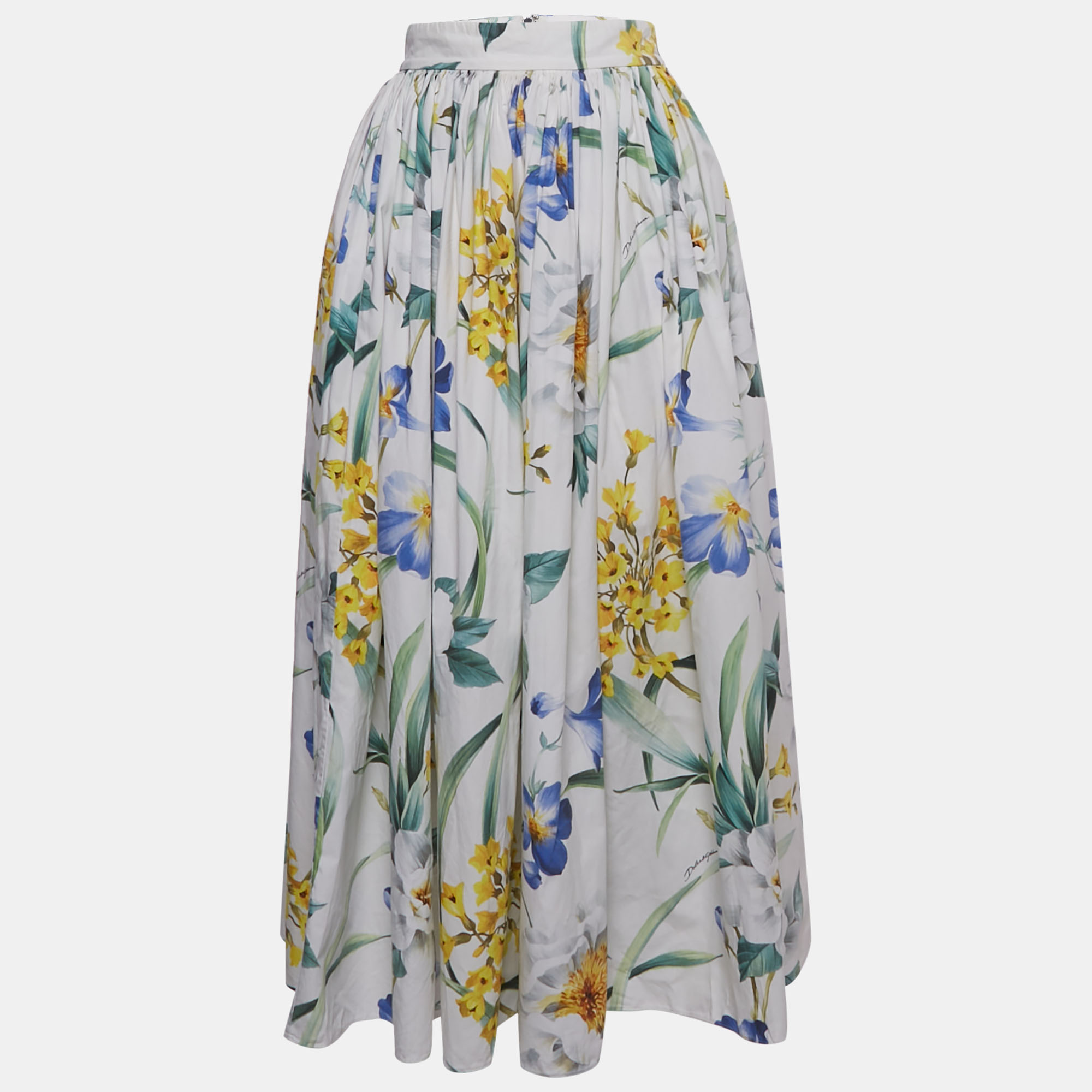 Pre-owned Dolce & Gabbana Exclusive White Floral Print Poplin Gathered Midi Skirt M