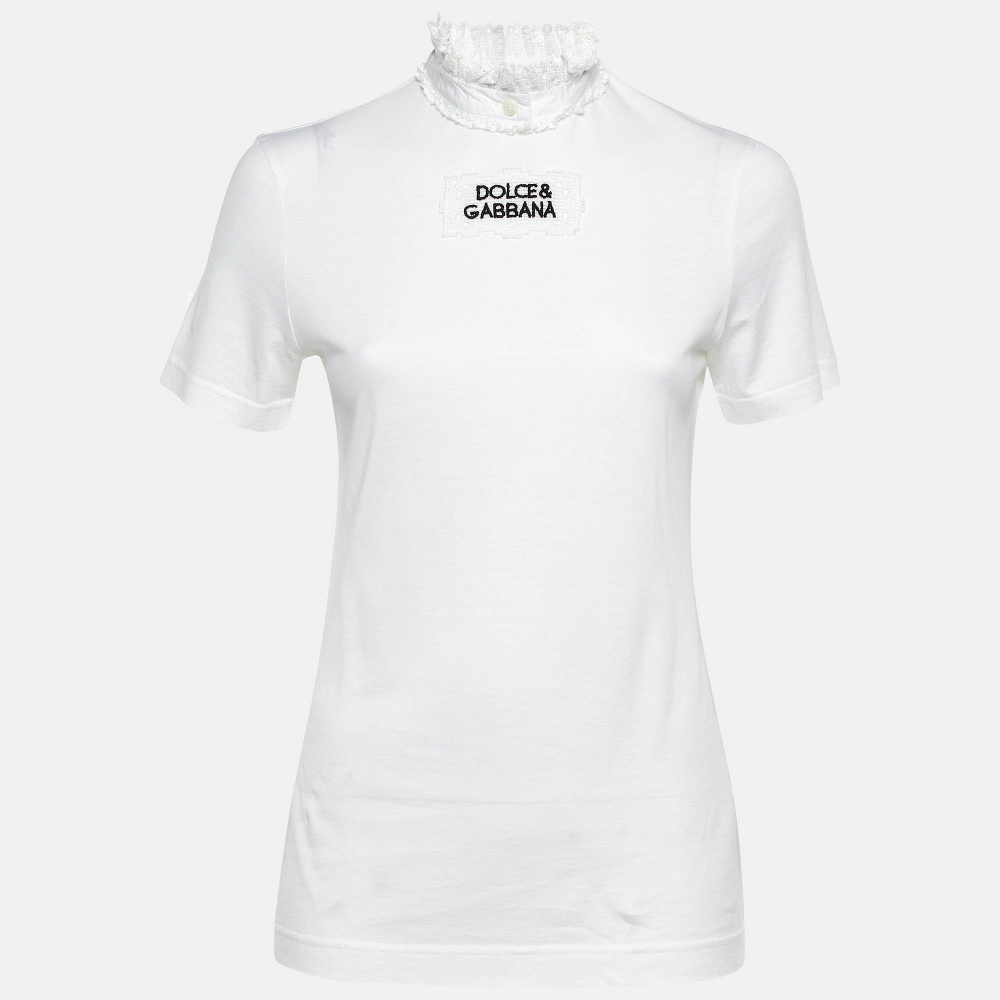 

Dolce & Gabbana White Logo Cotton Ruffled Collar T-Shirt S