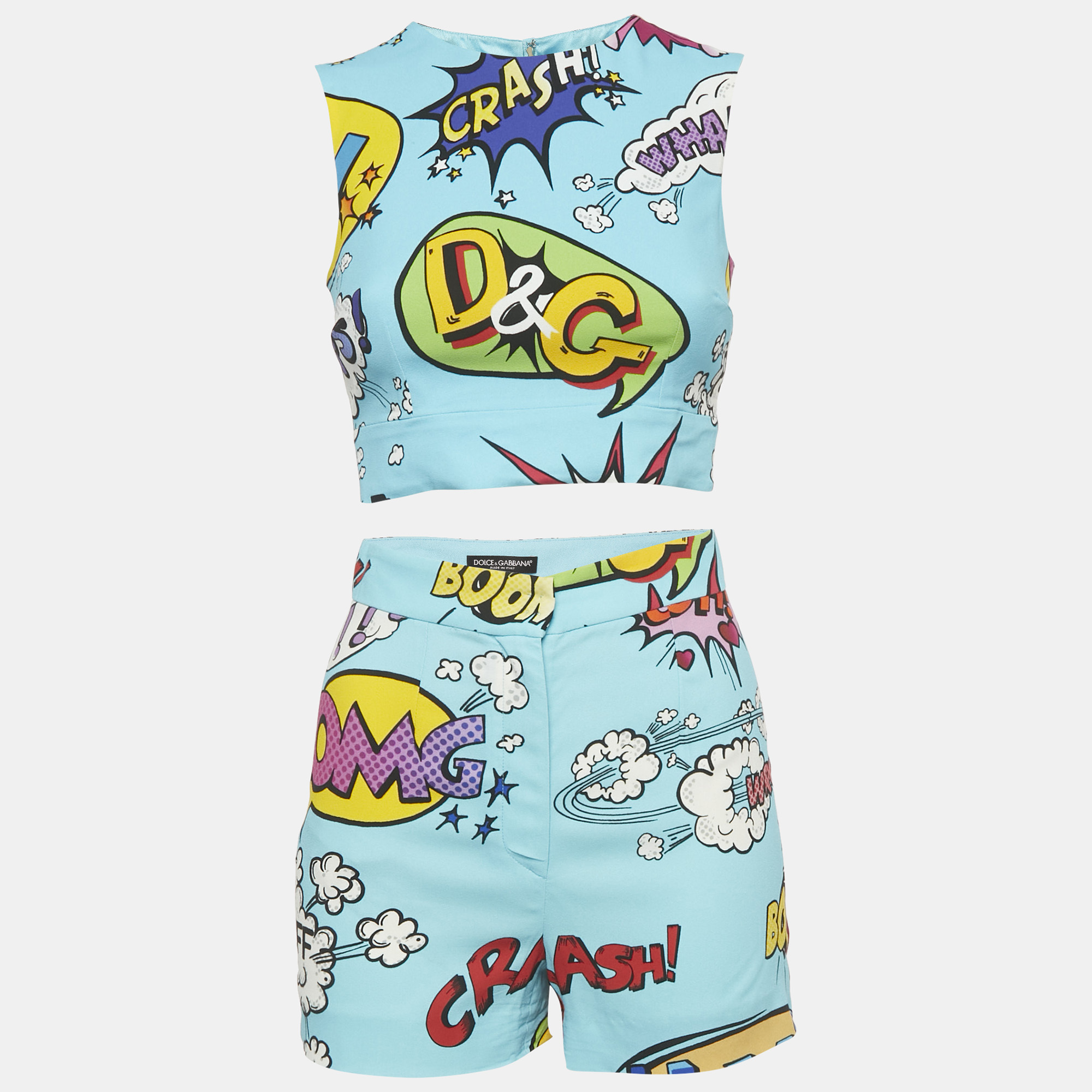 

Dolce & Gabbana Blue Printed Crepe Sleeveless Crop Top & Shorts Set S
