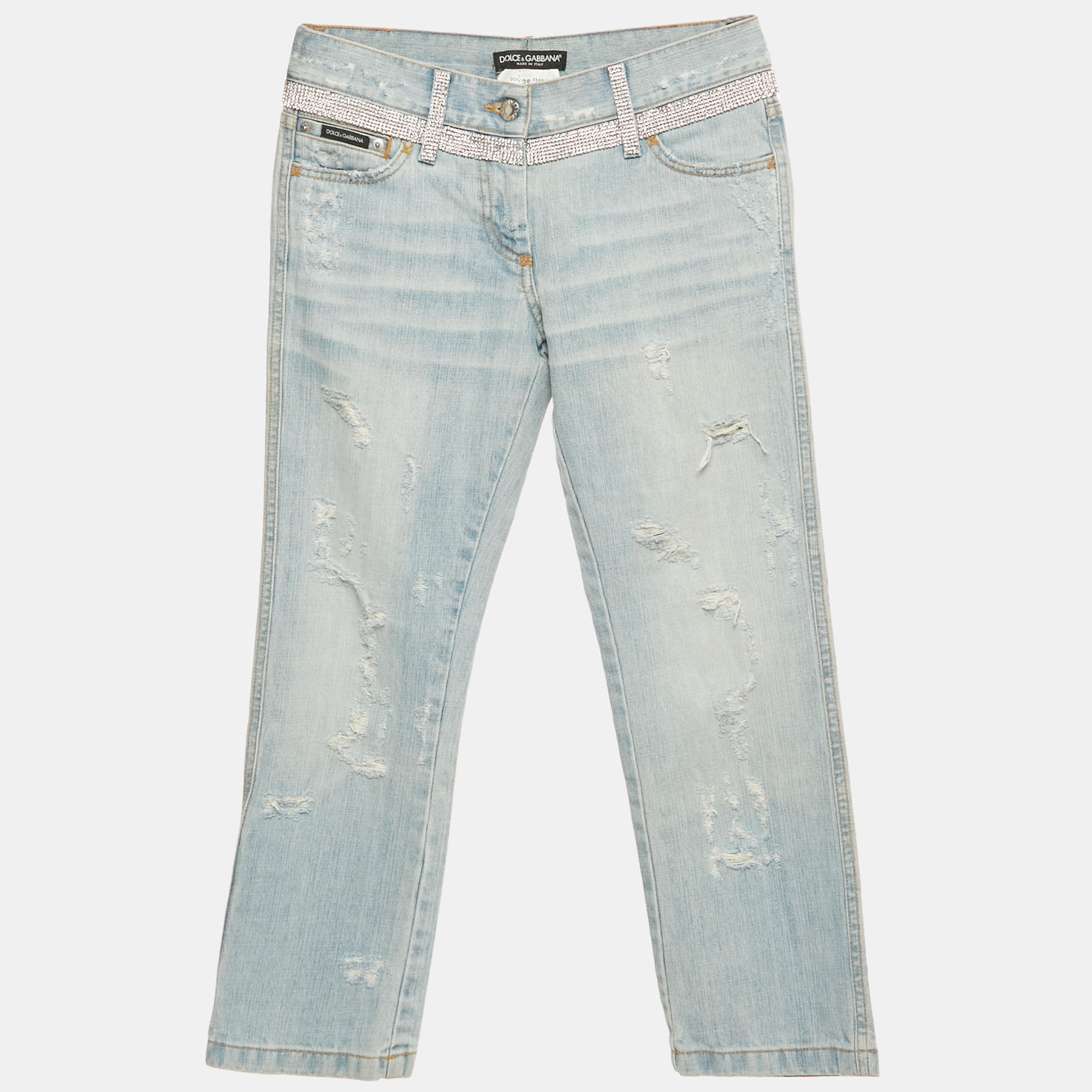 

Dolce & Gabbana Blue Distressed Denim Rhinestone Detail Crop Jeans S Waist 29"