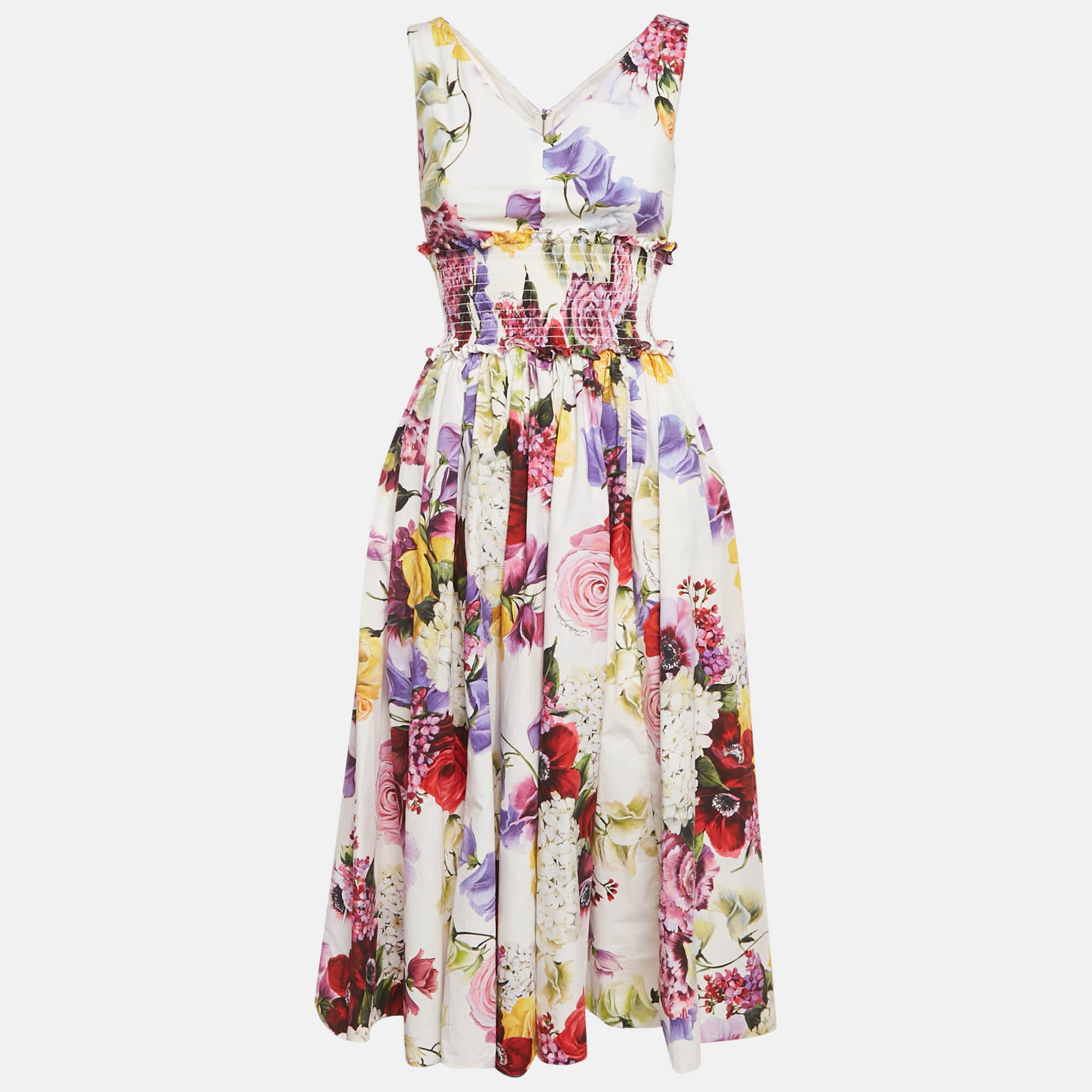 Pre-owned Dolce & Gabbana White Floral Print Cotton Smocked Sleeveless Midi Dress Xs