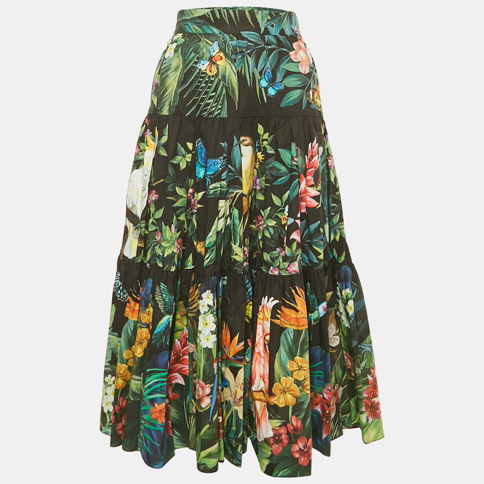 Pre-owned Dolce & Gabbana Black Tropical Print Poplin Tiered Midi Skirt S