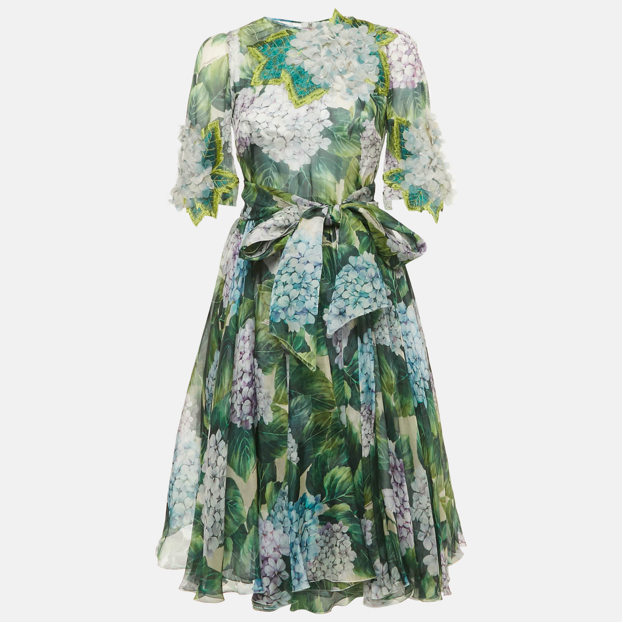 Pre-owned Dolce & Gabbana Green Hydrangea Print Organza Silk Midi Dress S