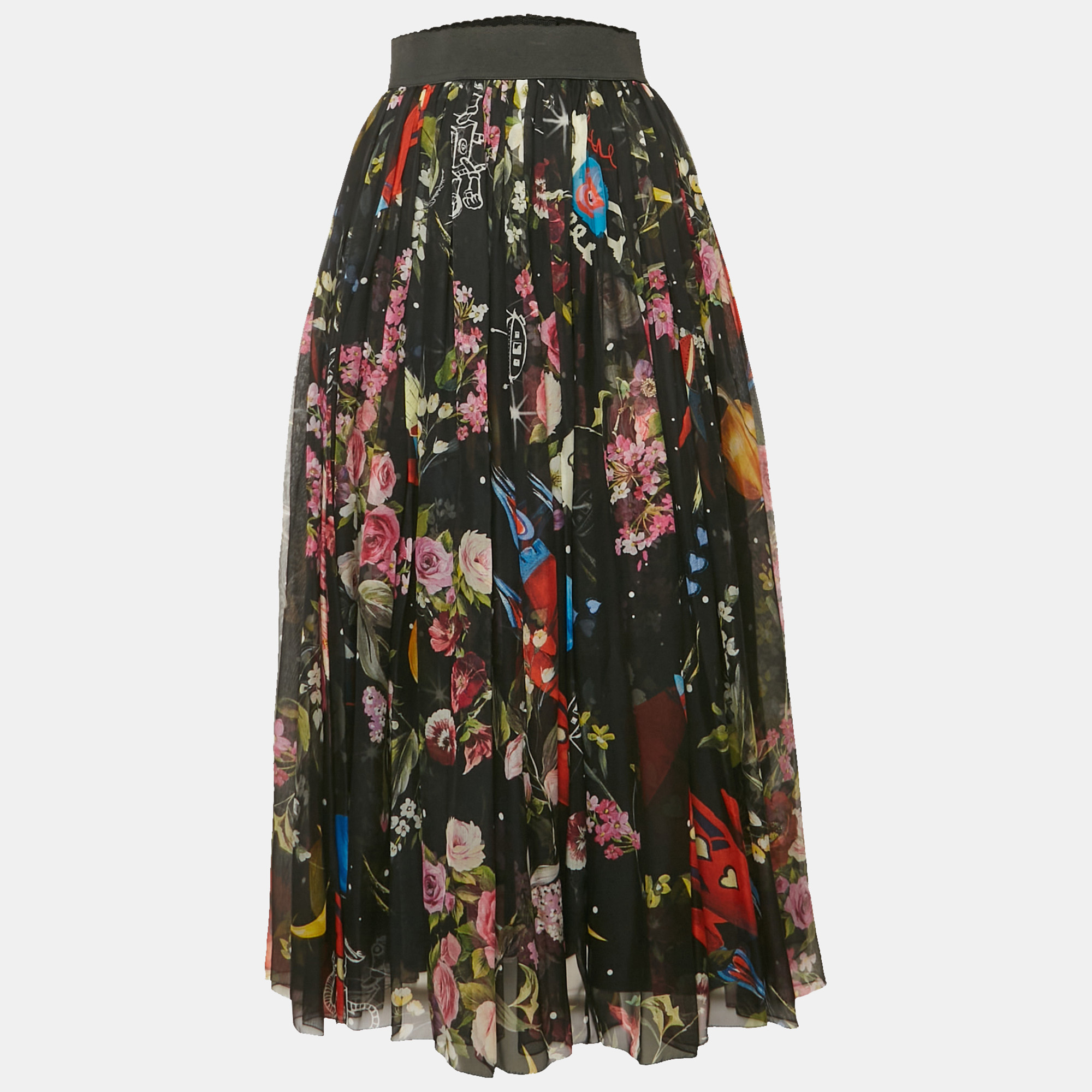 

Dolce & Gabbana Black Printed Silk Midi Skirt S