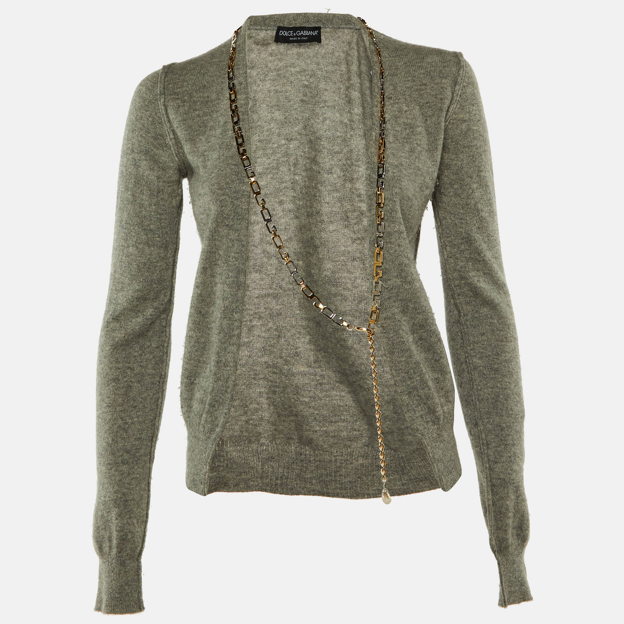 Pre-owned Dolce & Gabbana Grey Cashmere Chain Detail Cardigan S In Gray