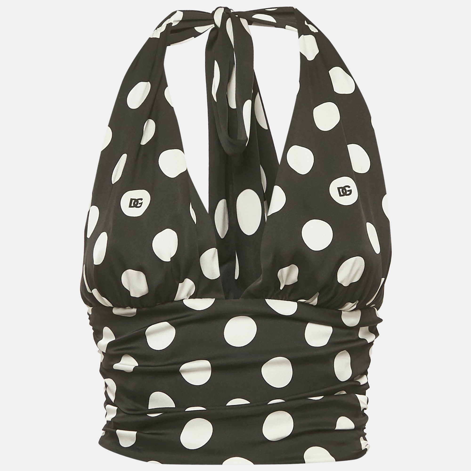 Pre-owned Dolce & Gabbana Black Polka Dots Print Silk Halter Neck Top S
