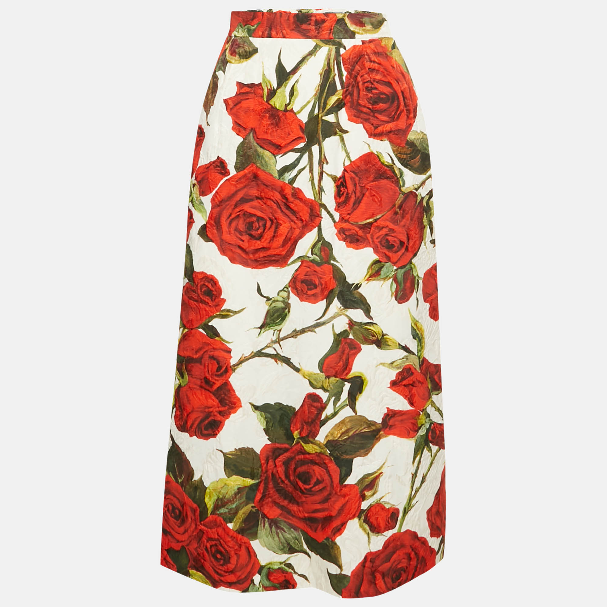 Pre-owned Dolce & Gabbana White Rose Print Cotton Blend Jacquard Midi Skirt M