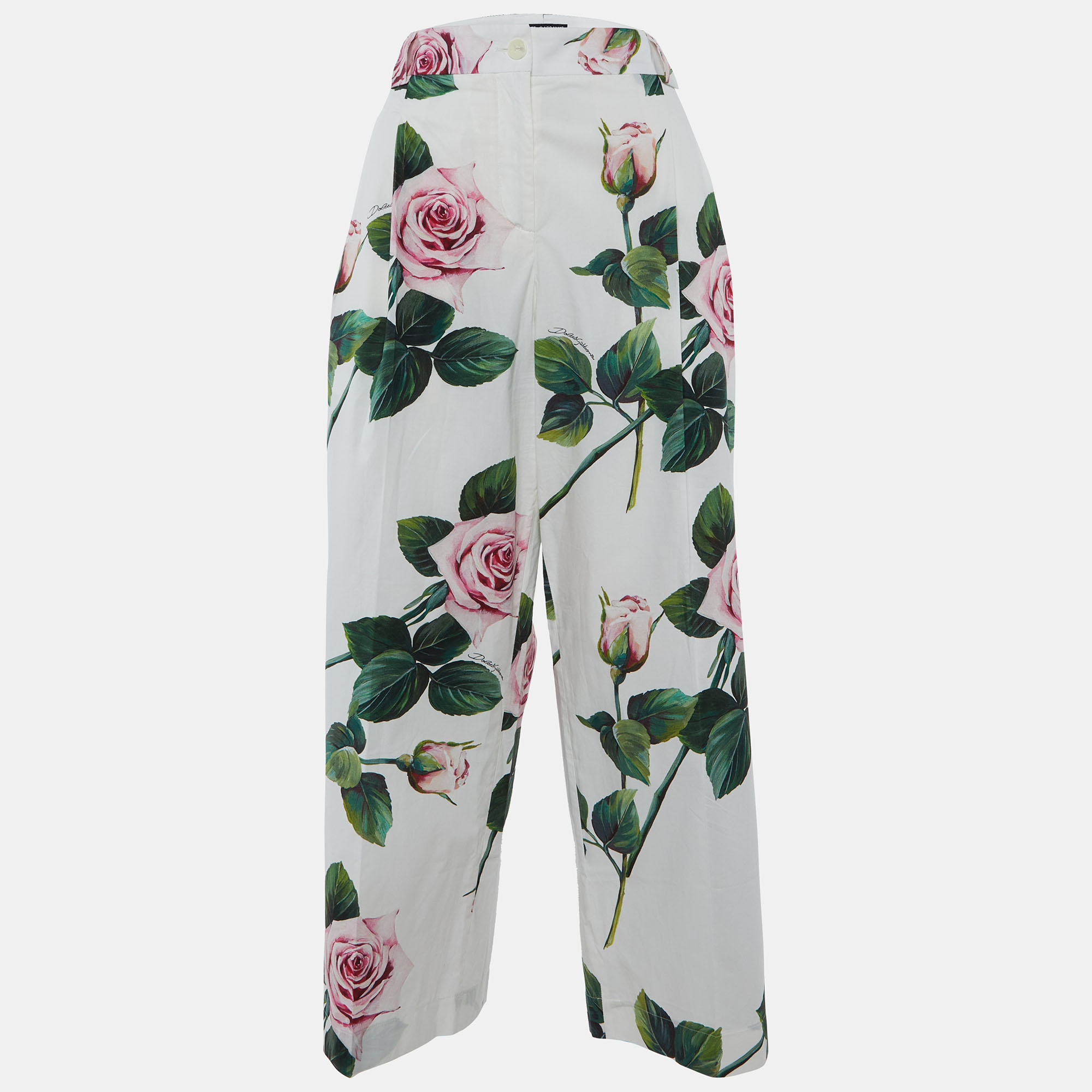 

Dolce & Gabbana White Rose Printed Cotton Parallel Pants M