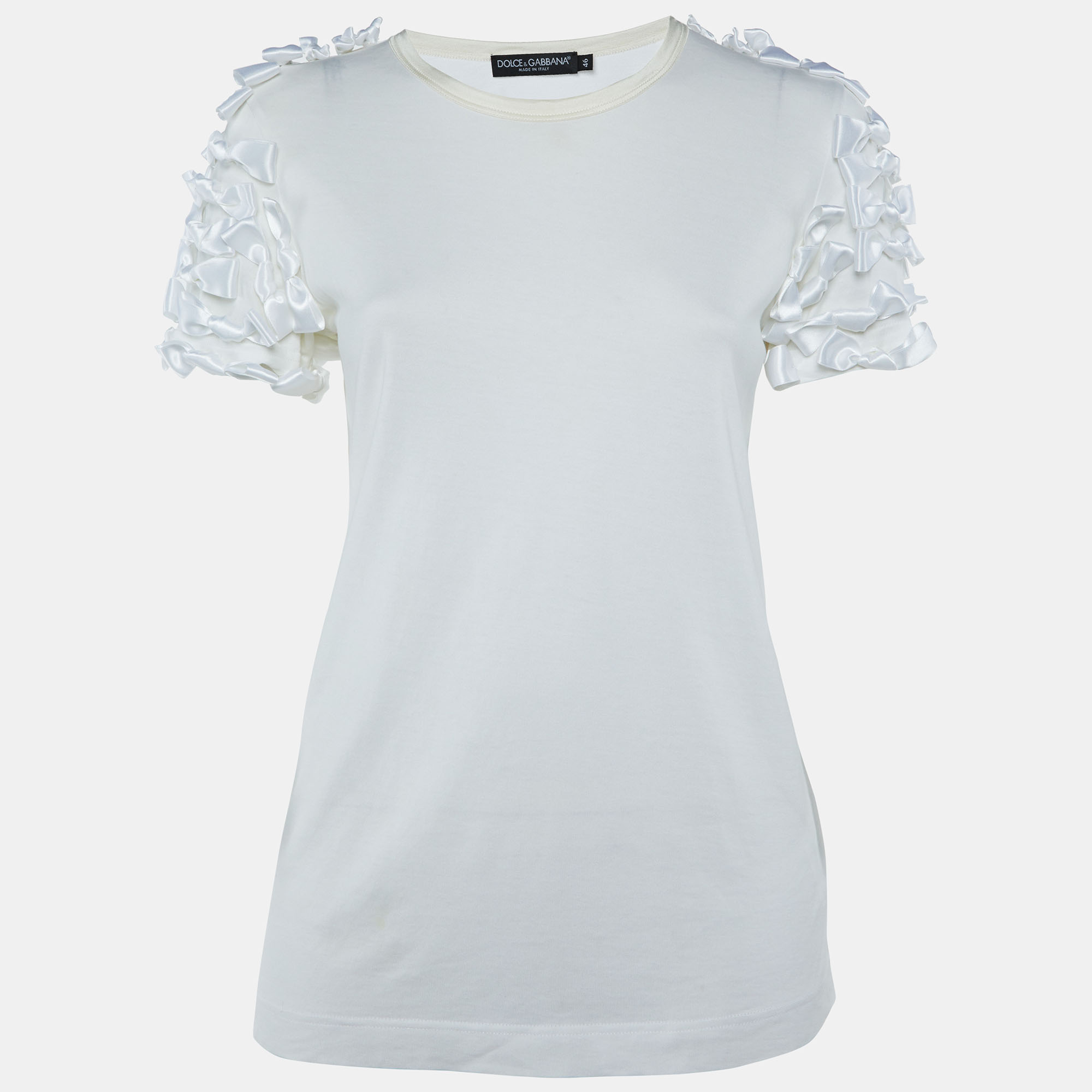 Pre-owned Dolce & Gabbana White Cotton Knit Bow Detail T-shirt L