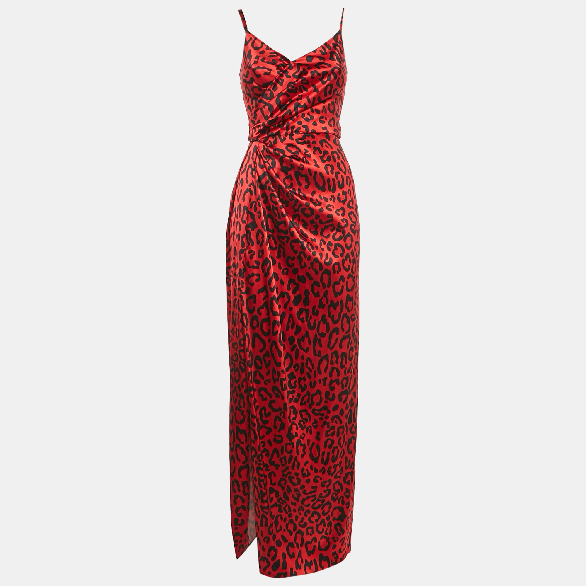 Pre-owned Dolce & Gabbana Red Leopard Print Silk Draped Sleeveless Maxi Dress S