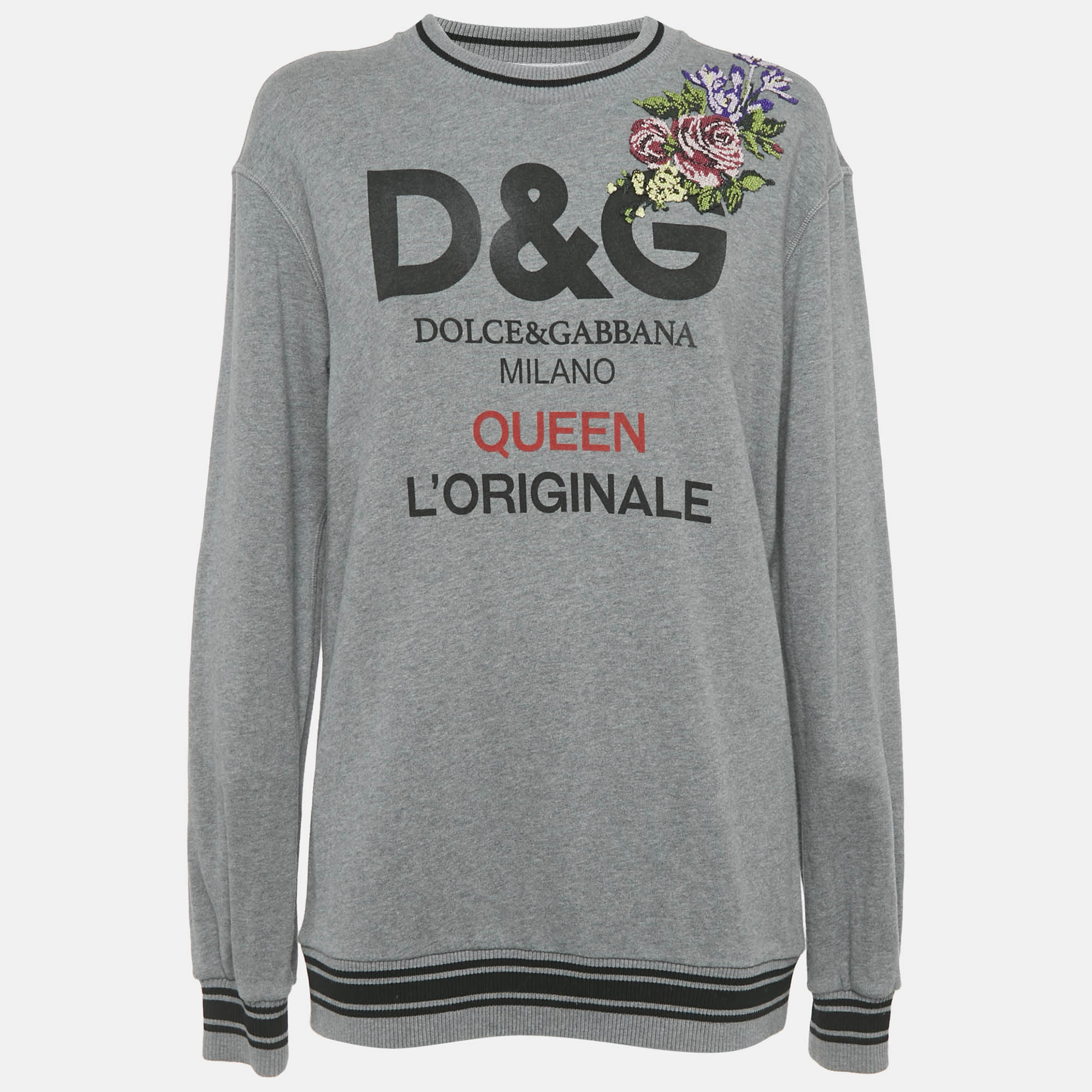 

Dolce & Gabbana Grey Logo Print Cotton Floral Patch Detail Sweatshirt S