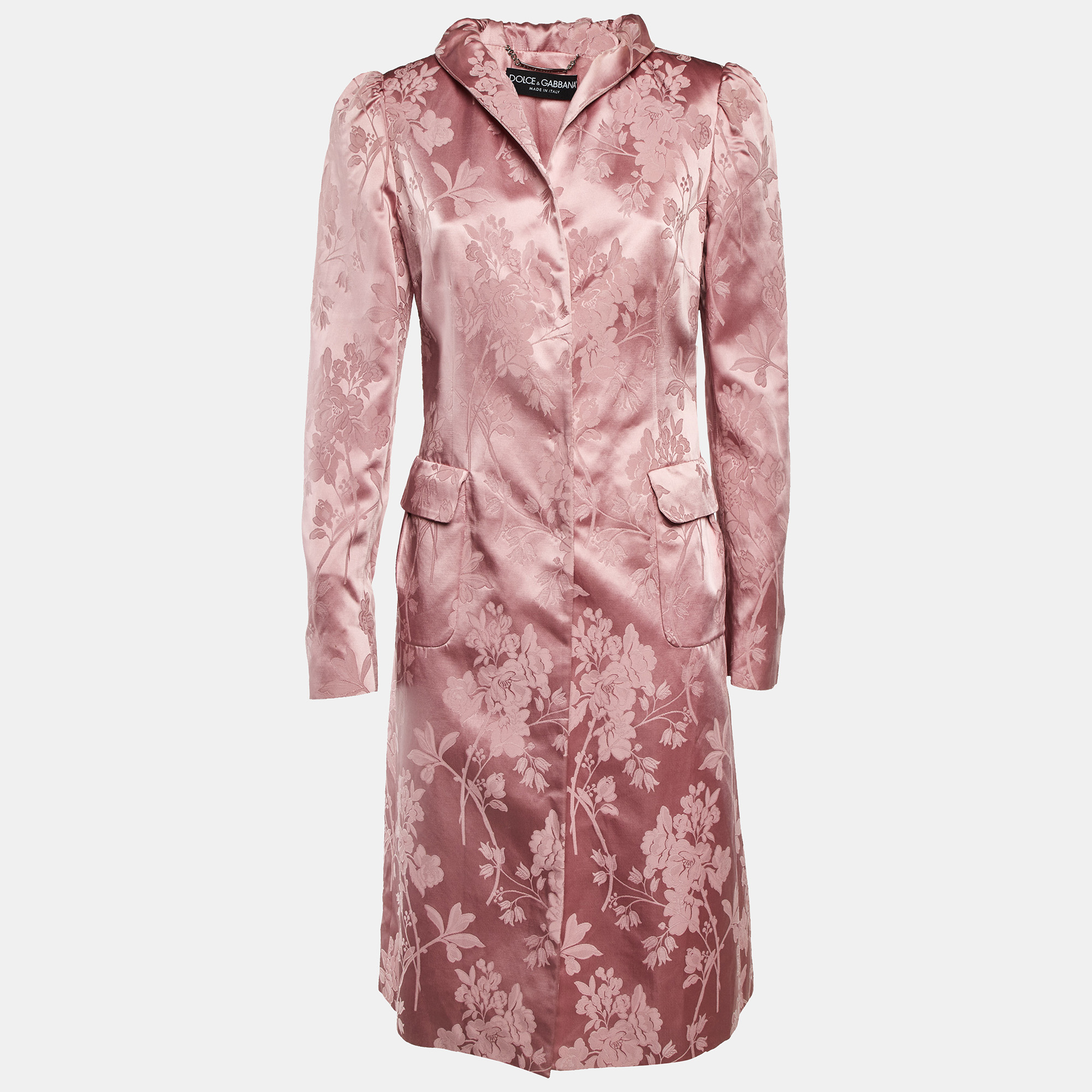 

Dolce & Gabbana Pink Foral Jacquard Satin Long Coat M