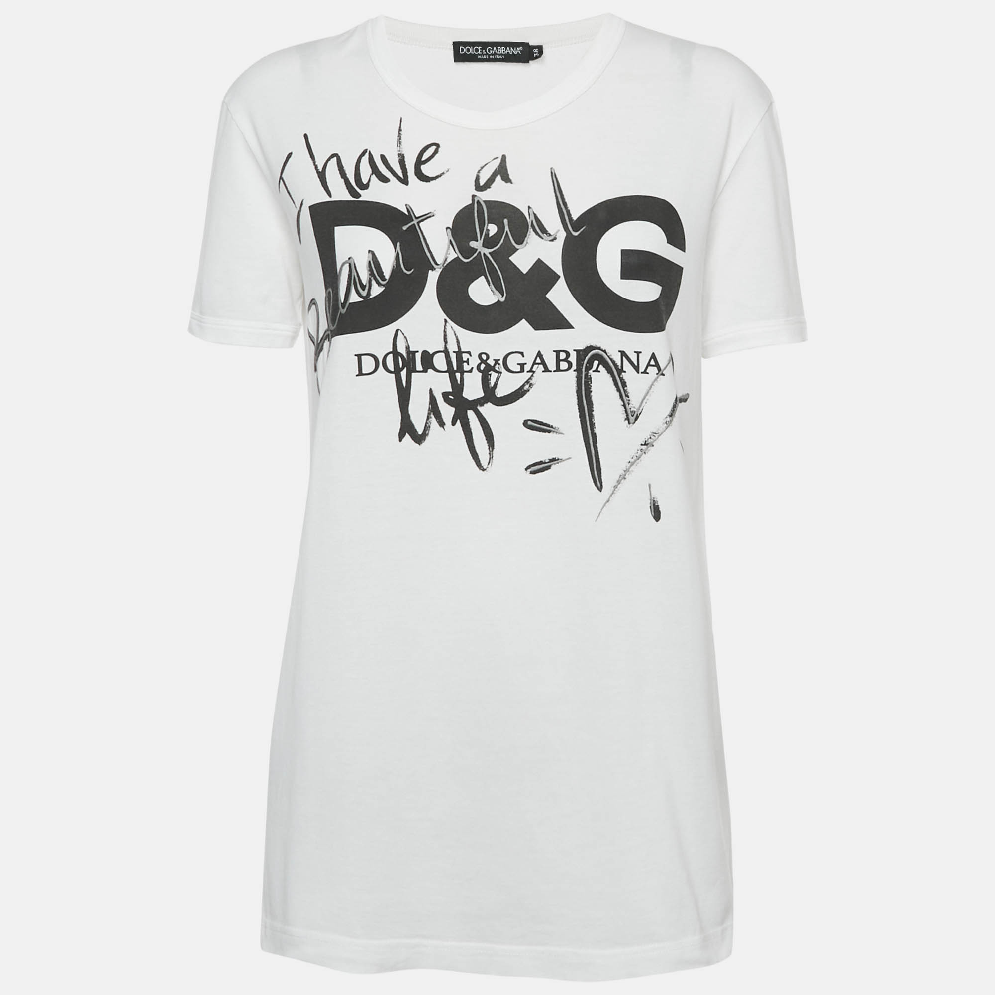 

Dolce & Gabbana White Printed Cotton Knit Crew Neck T-Shirt S