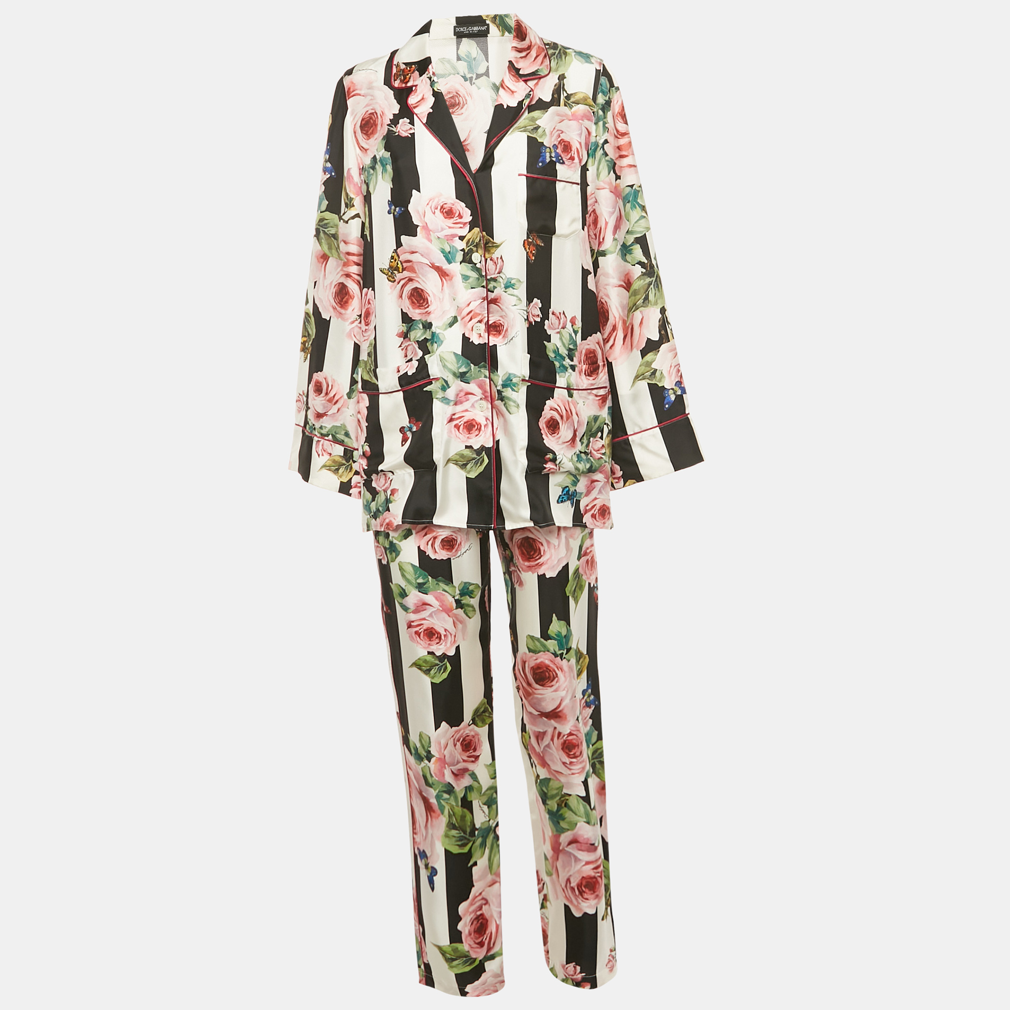 

Dolce & Gabbana Multicolor Stipe Floral Print Silk Pajama Set M
