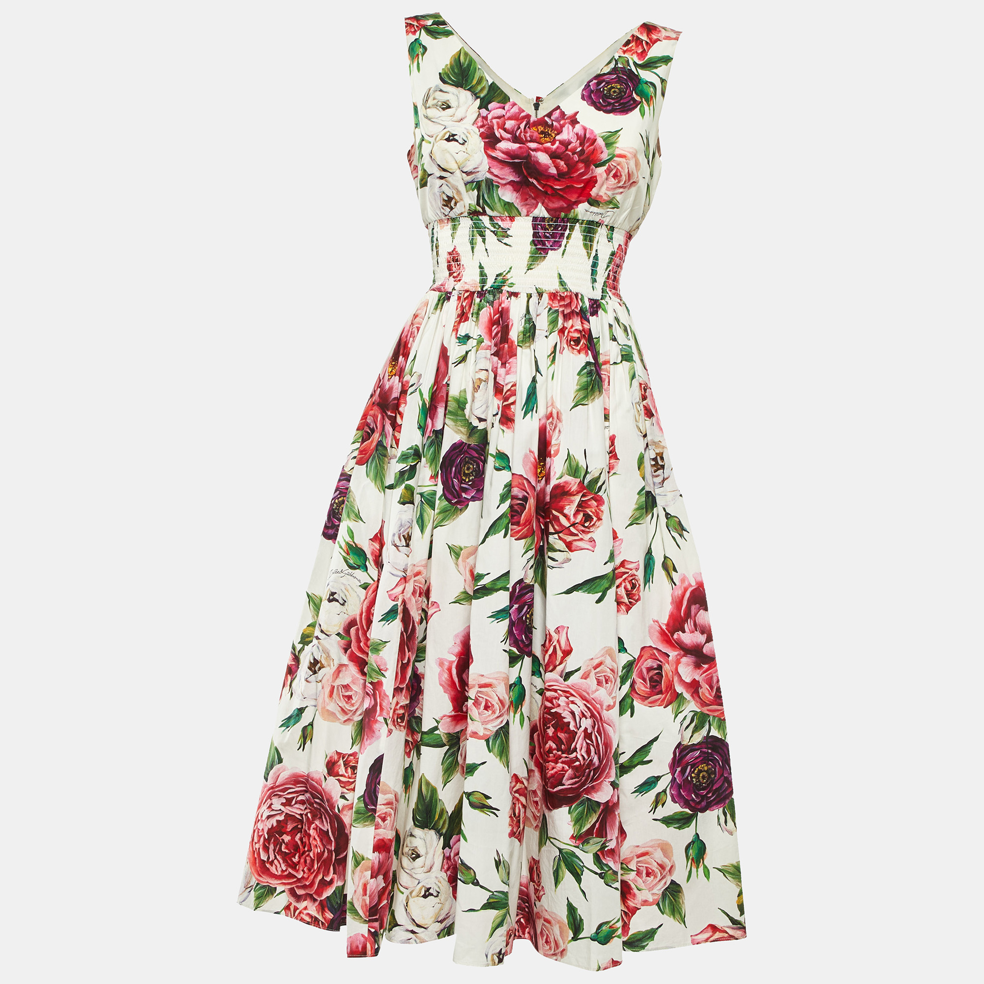 

Dolce & Gabbana White Floral Print Cotton Midi Dress S