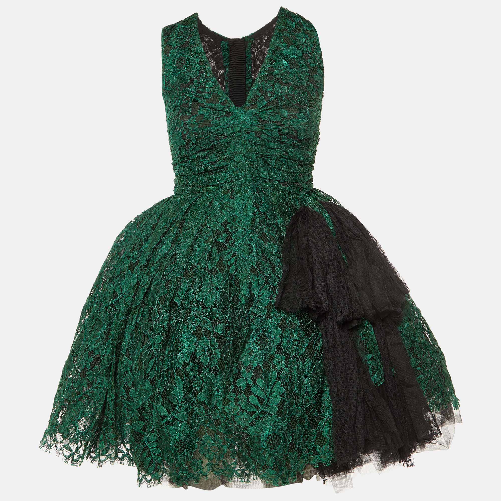 

Dolce & Gabbana Green Lace Bow Detail Flared Mini Dress S