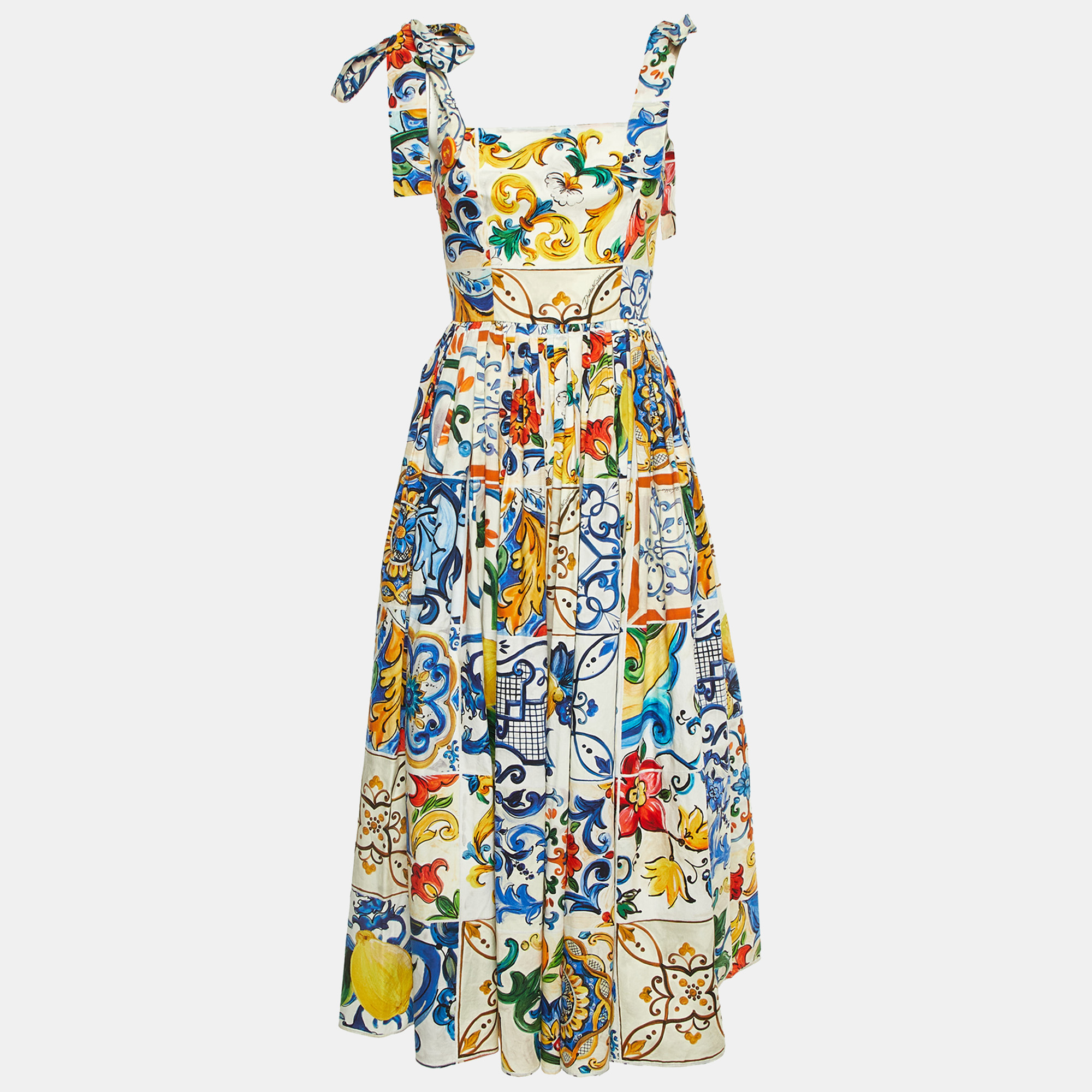 

Dolce & Gabbana White/Multicolor Majolica Print Poplin Zip-Up Midi Dress S