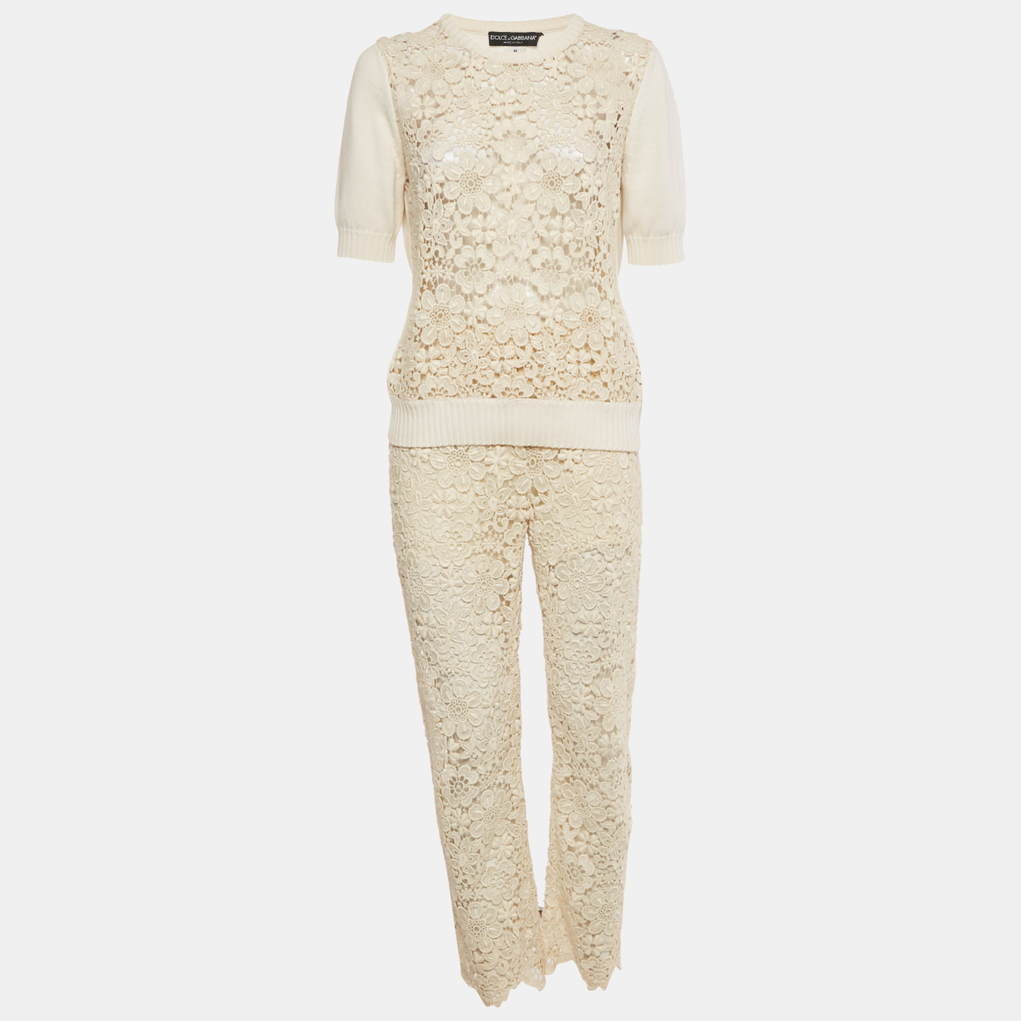 

Dolce & Gabbana Cream Lace Knit Top and Pants Set M, Beige