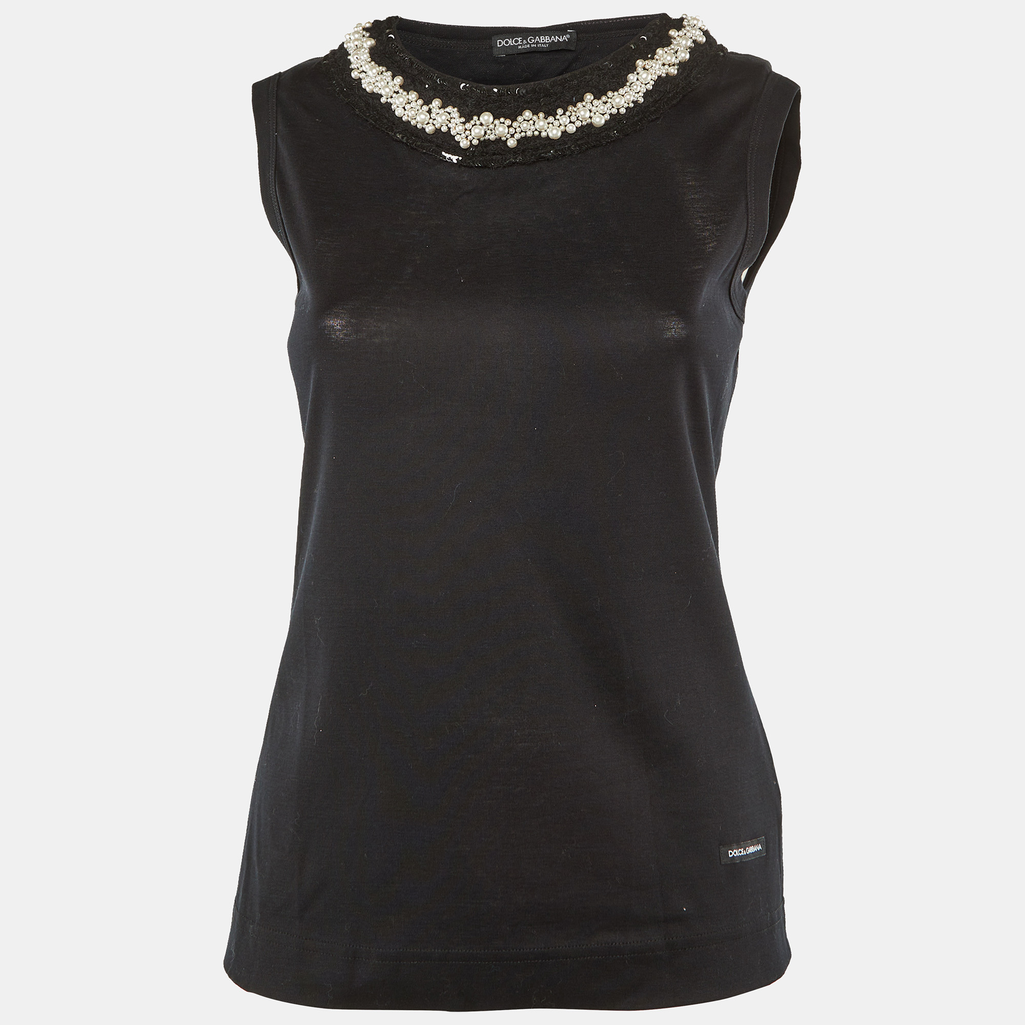 

Dolce & Gabbana Black Cotton Knit Embellished Neck T-Shirt M