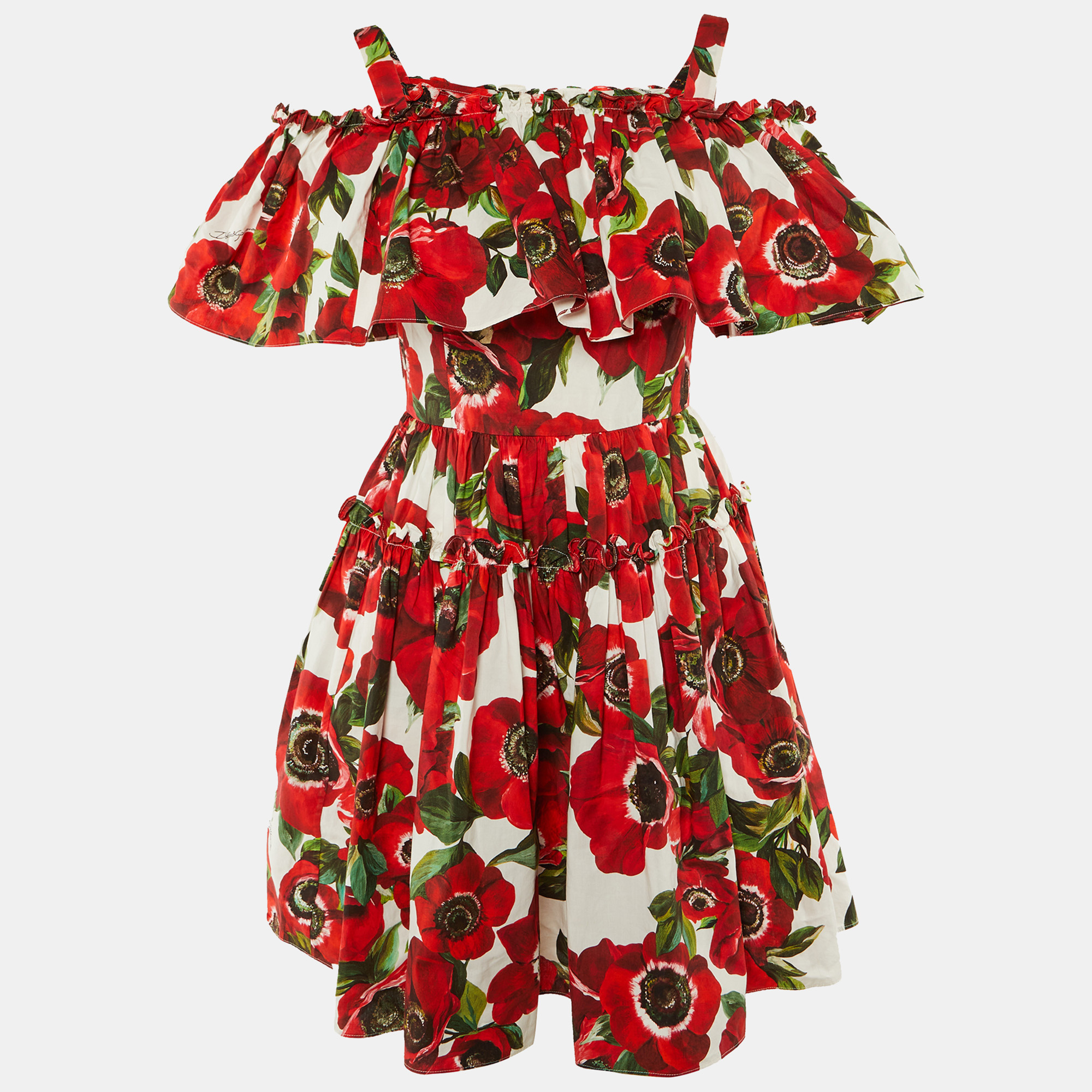 

Dolce & Gabbana Red Floral Print Cotton Ruffled Dress S