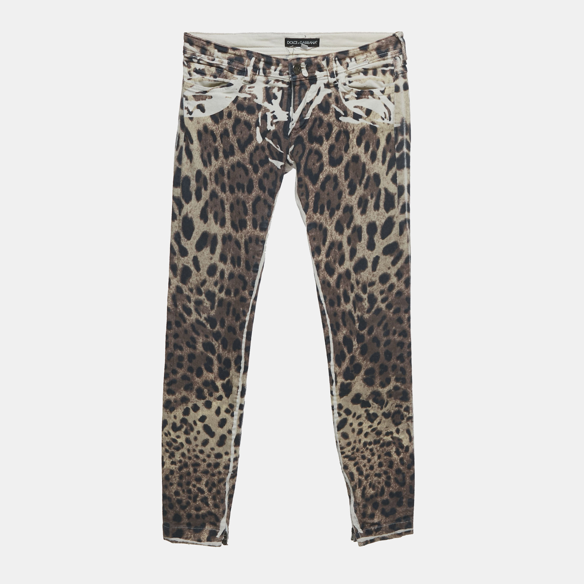 Pre-owned Dolce & Gabbana Brown Leopard Print Denim Skinny Jeans S Waist 26"