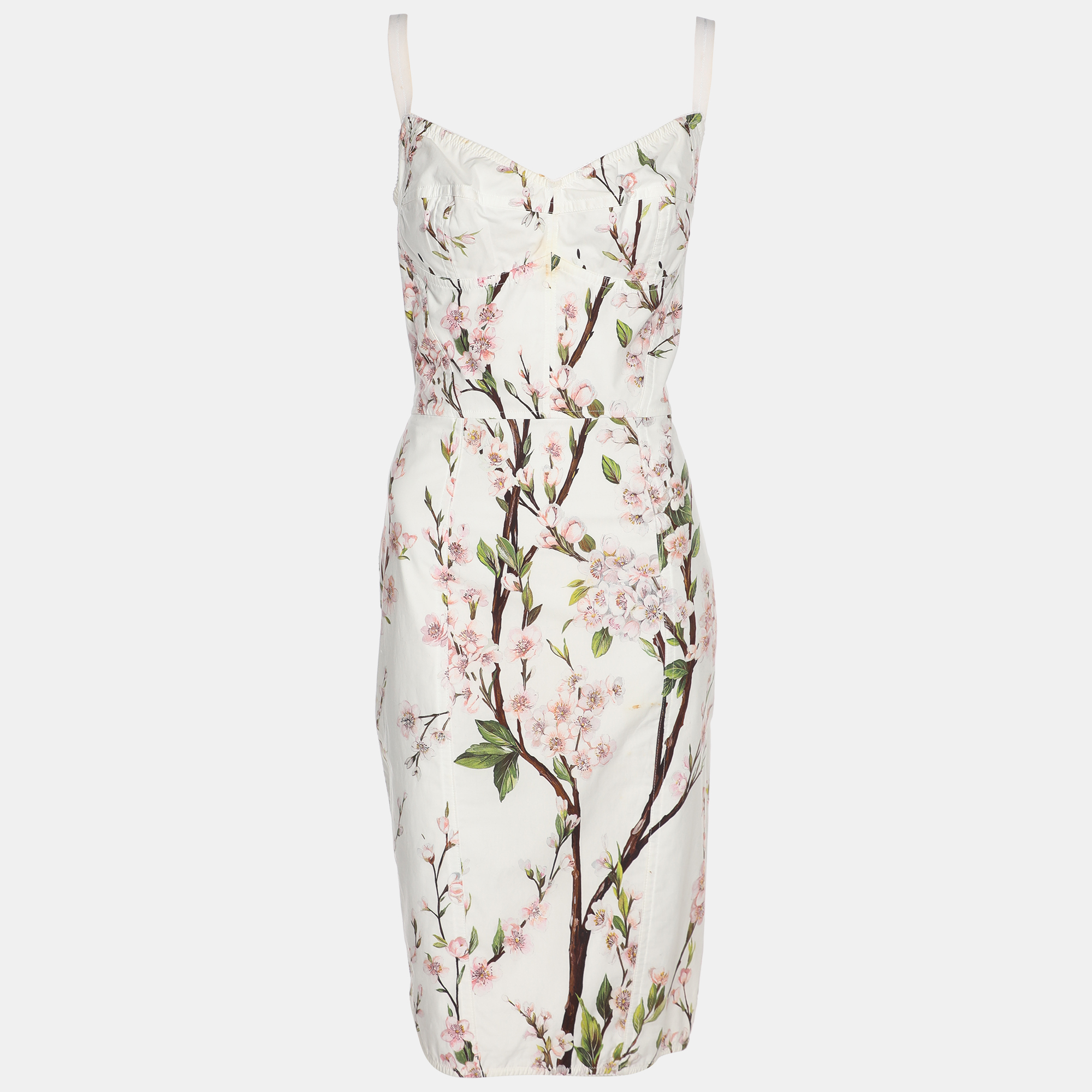 Pre-owned Dolce & Gabbana White Floral Cotton Bustier Midi Dress M