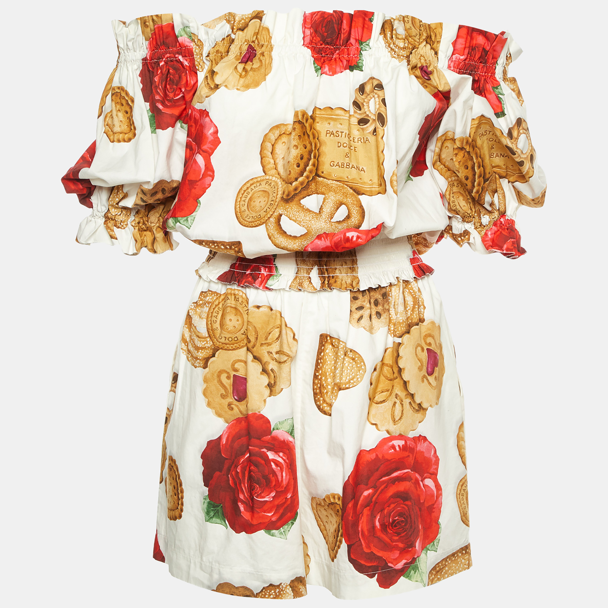 Pre-owned Dolce & Gabbana White Cookie Floral Print Cotton Off-the-shoulder Playsuit S
