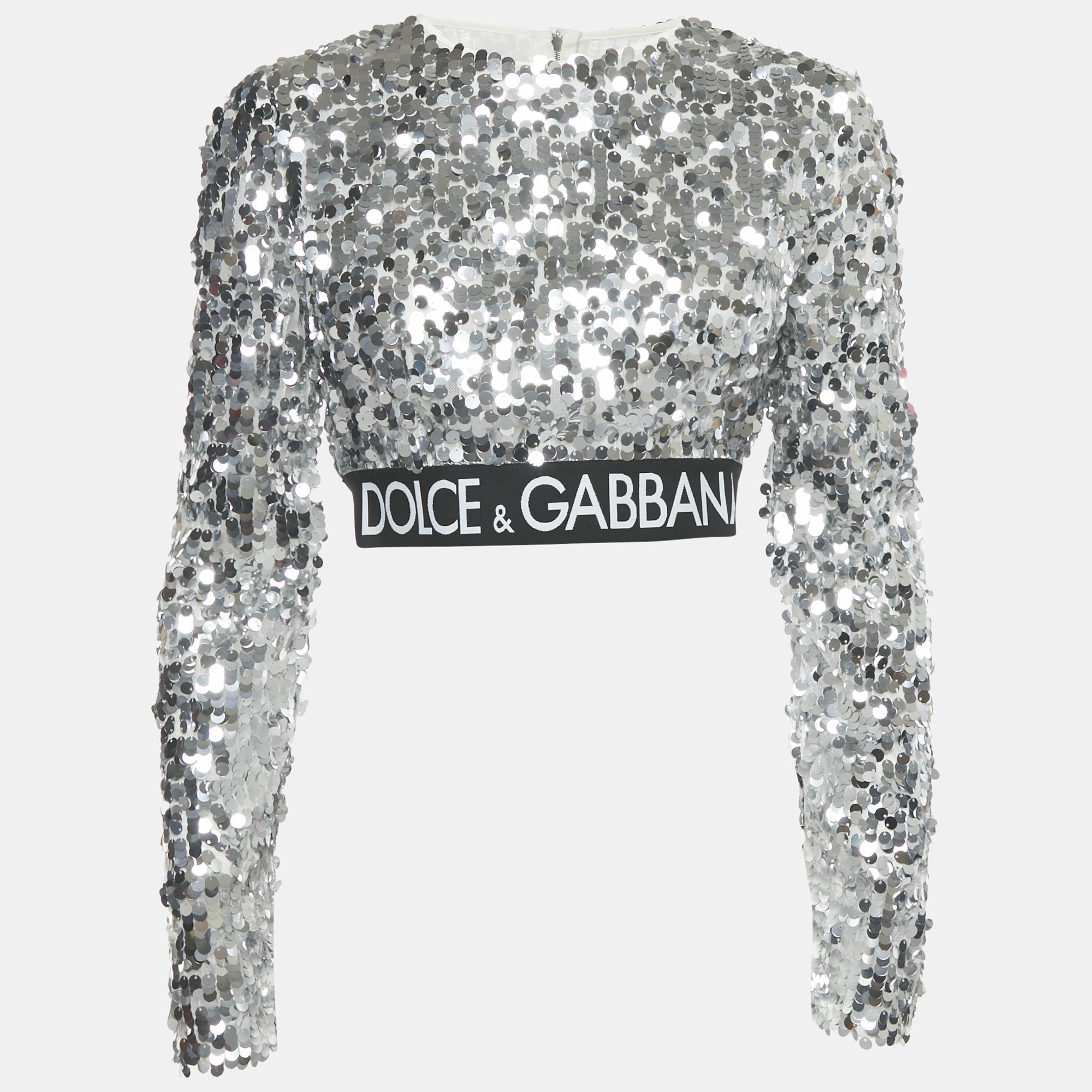 

Dolce & Gabbana Silver Sequin Tulle Logo Trim Detail Crop Top M