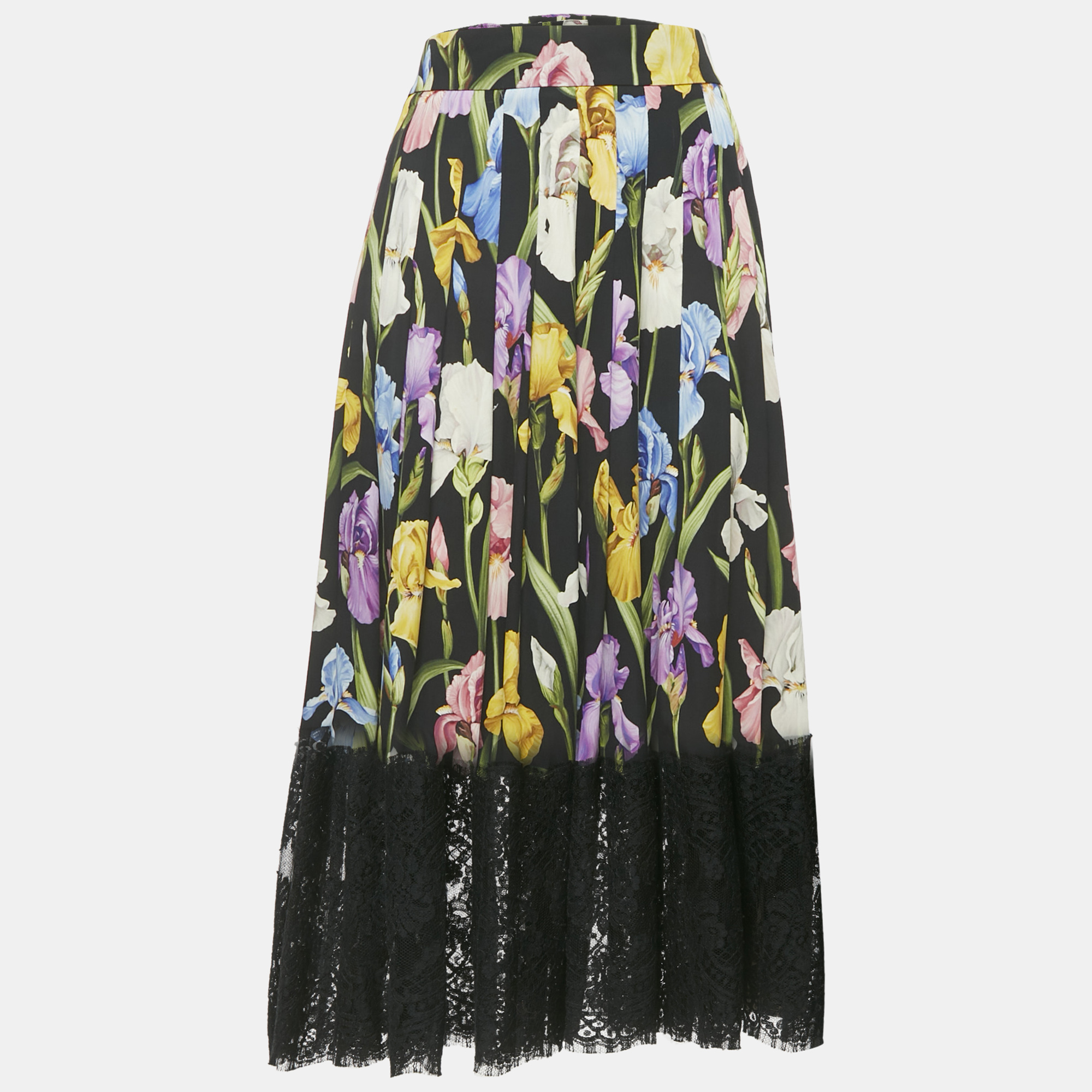 Pre-owned Dolce & Gabbana Black Floral Print Silk & Lace Trim Midi Skirt M