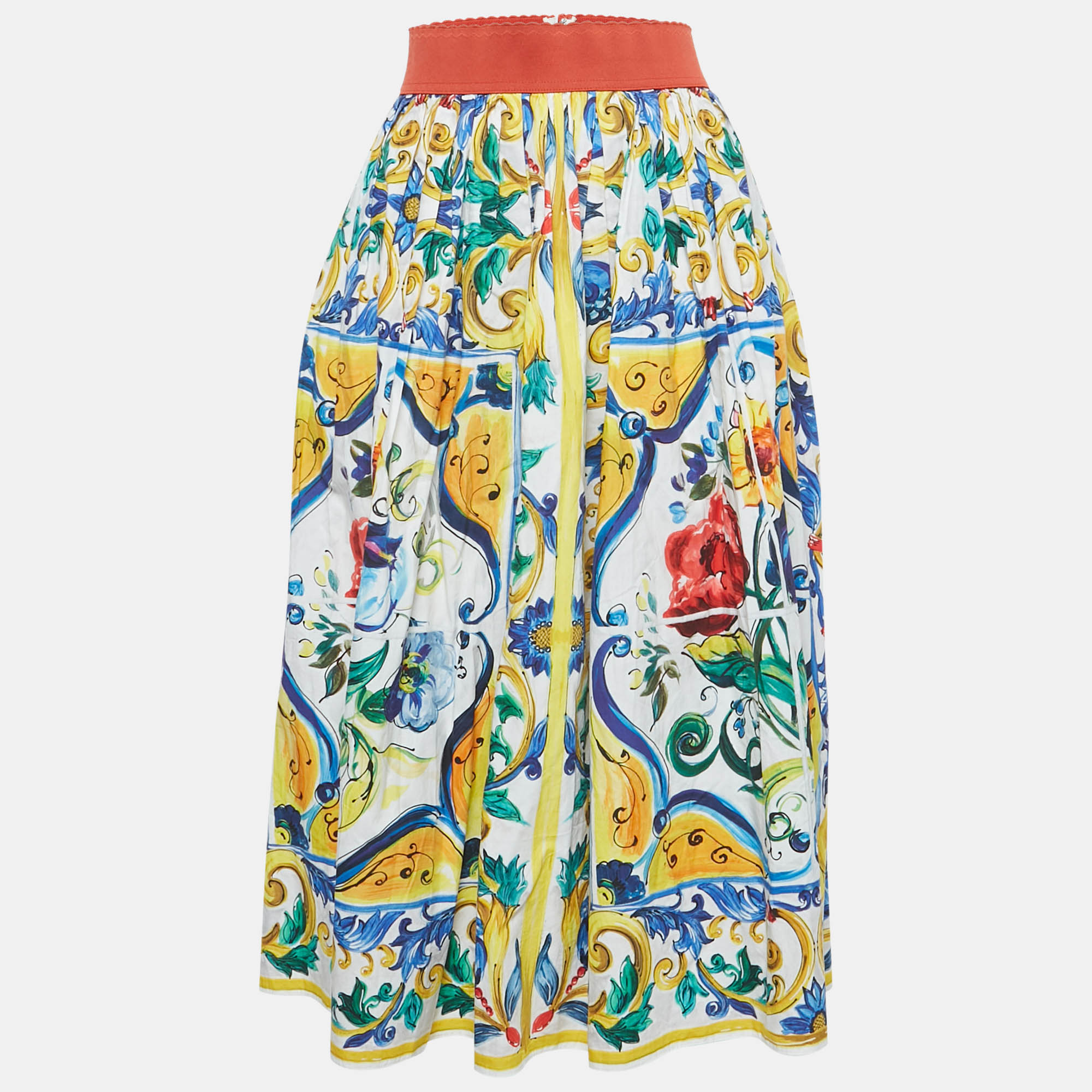 

Dolce & Gabbana Multicolor Majolica Print Cotton Midi Skirt L