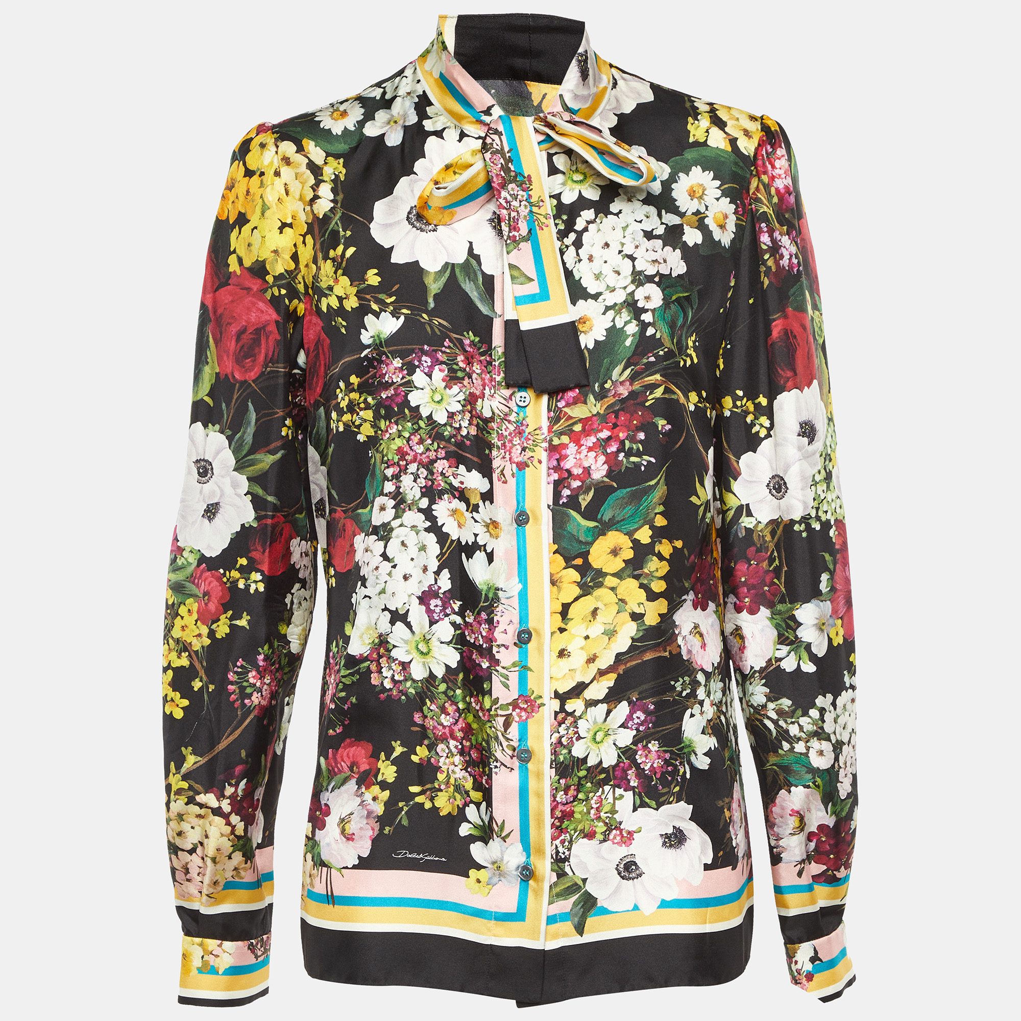 Pre-owned Dolce & Gabbana Black Floral Print Silk Button Front Shirt M