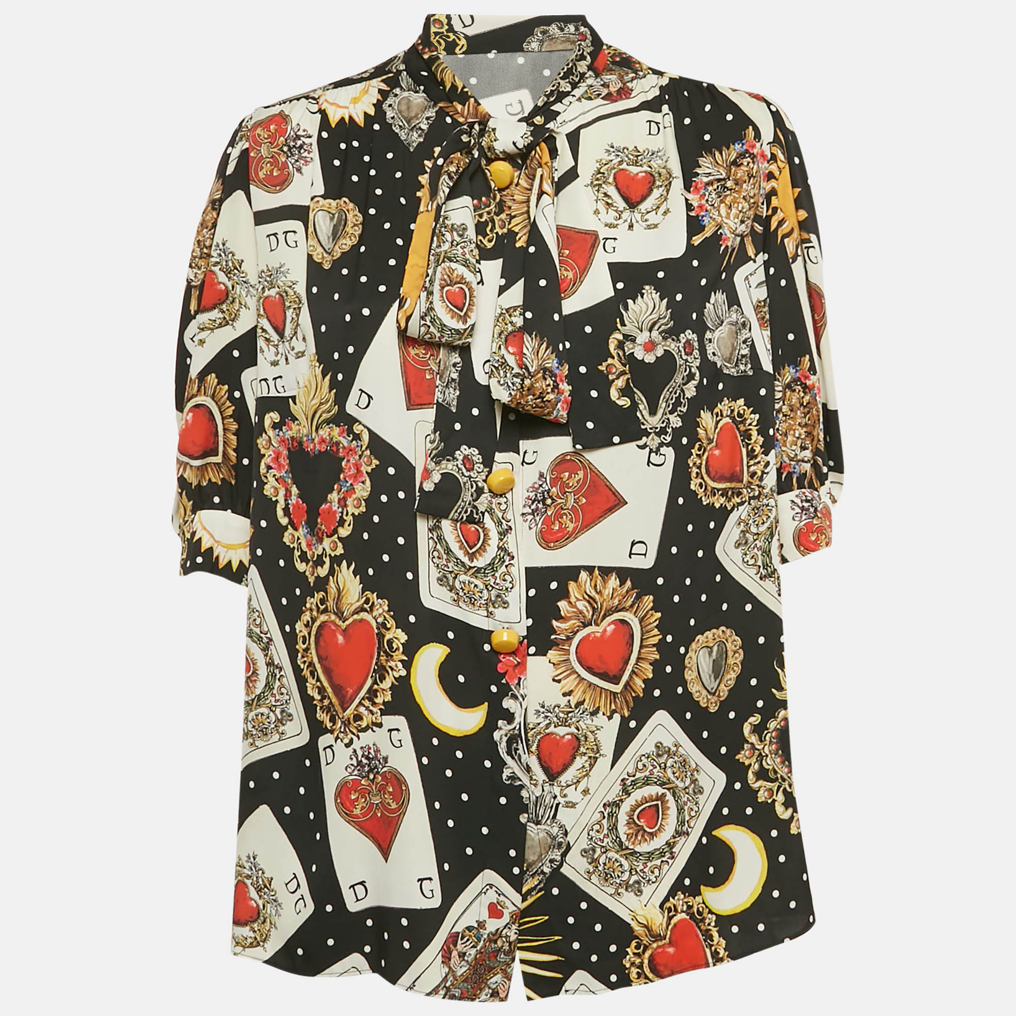 Pre-owned Dolce & Gabbana Black Card Print Silk Neck Tie-up Blouse L