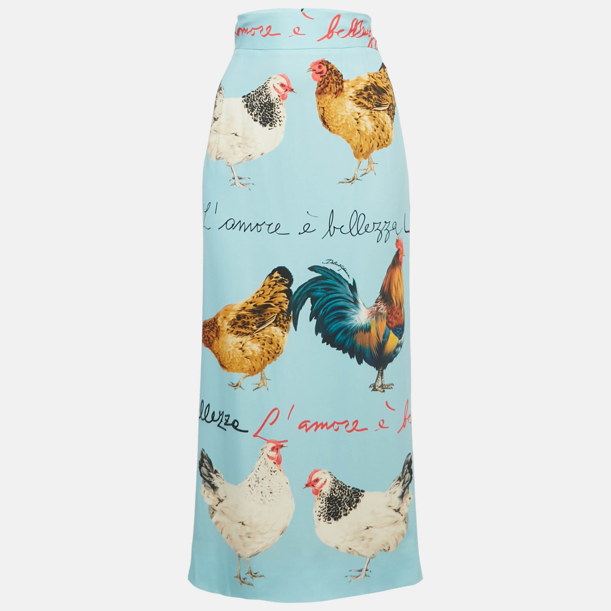 

Dolce & Gabbana Blue Rooster & Chicken Print Crepe Midi Skirt M
